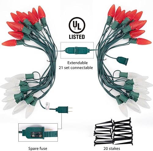 Miniatura 4 de Luces LED C9 de Navidad para exteriores con estacas, 25.7 pies, 20 luces LED C9 de fresa, conectables, inastillables, marcador de luces de camino