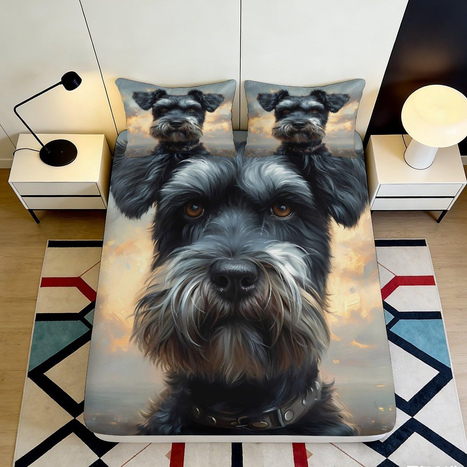 3D Printed Schnauzer Dog Fitted Sheet Microfiber Soft Non-Slip Mattress Cover for Bedroom Guest Room Decor 200x200x25cm