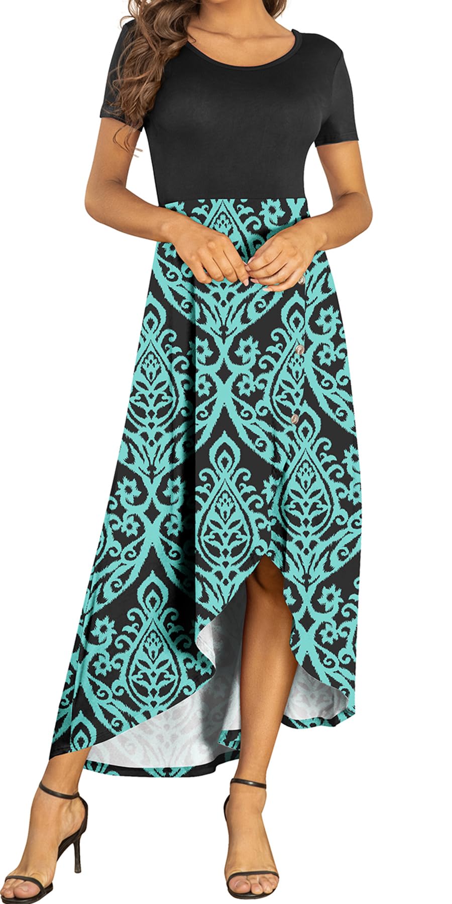 AYIFU Womens Summer Dresses High Low Slit Hem Casual Short Sleeve Maxi Dress with Buttons