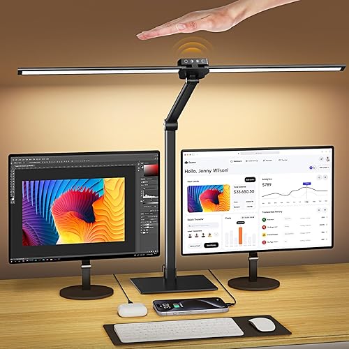 Syrinx Desk Lamp with Base, Eye-Caring Desk Lamps for Home Office with Gesture Sensor Switch, Dual Screen Computer Monitor LED Desk Light, 24W 25