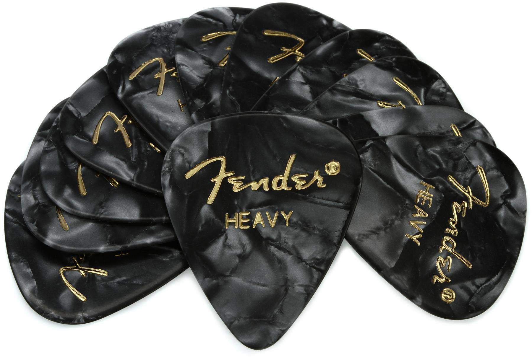 Fender 351 Shape Heavy Celluloid Guitar Picks, 12 Pack - Black Moto