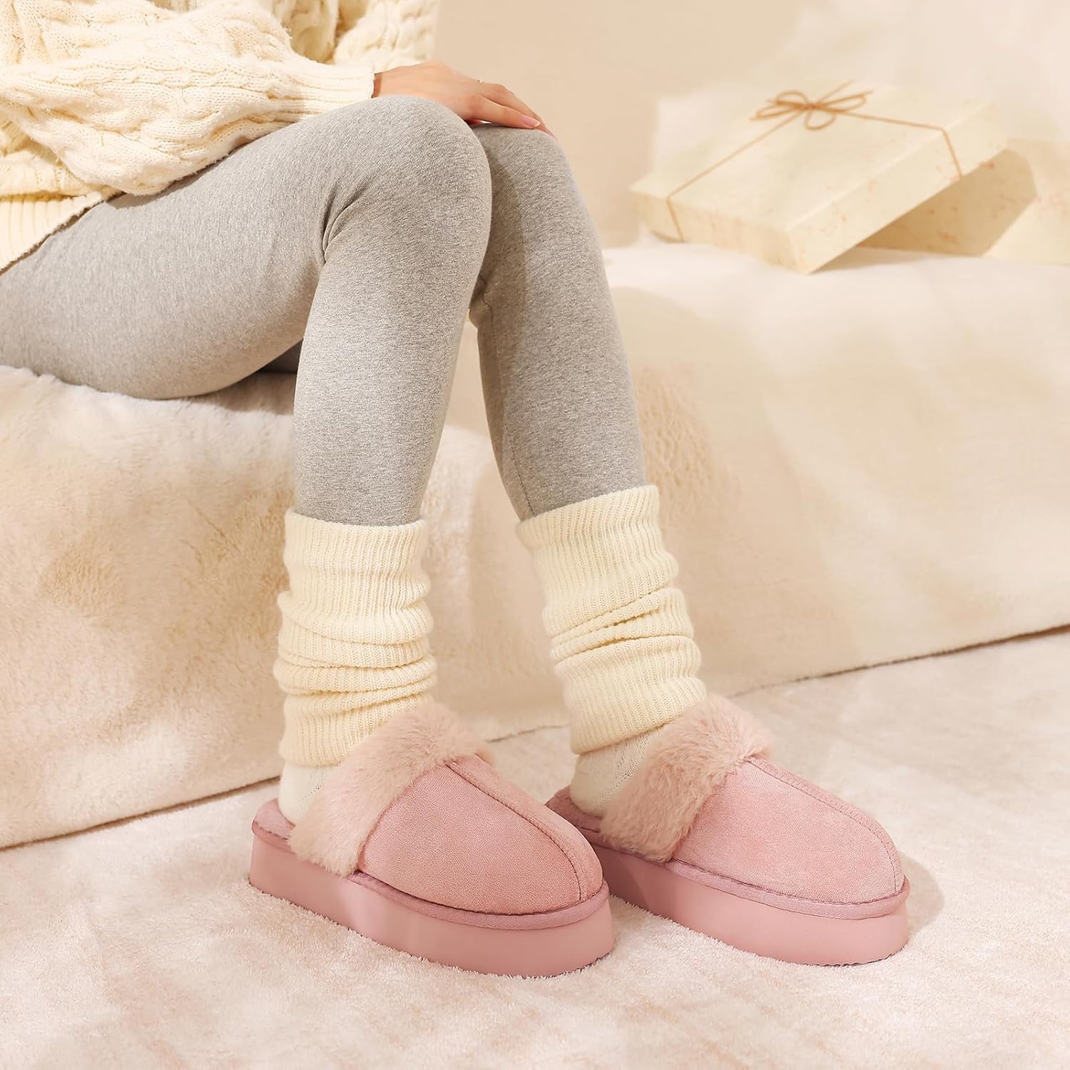 Litfun Women's Fuzzy Memory Foam Slippers Fluffy Winter House Shoes Indoor and Outdoor, Dark Pink 7-7.5