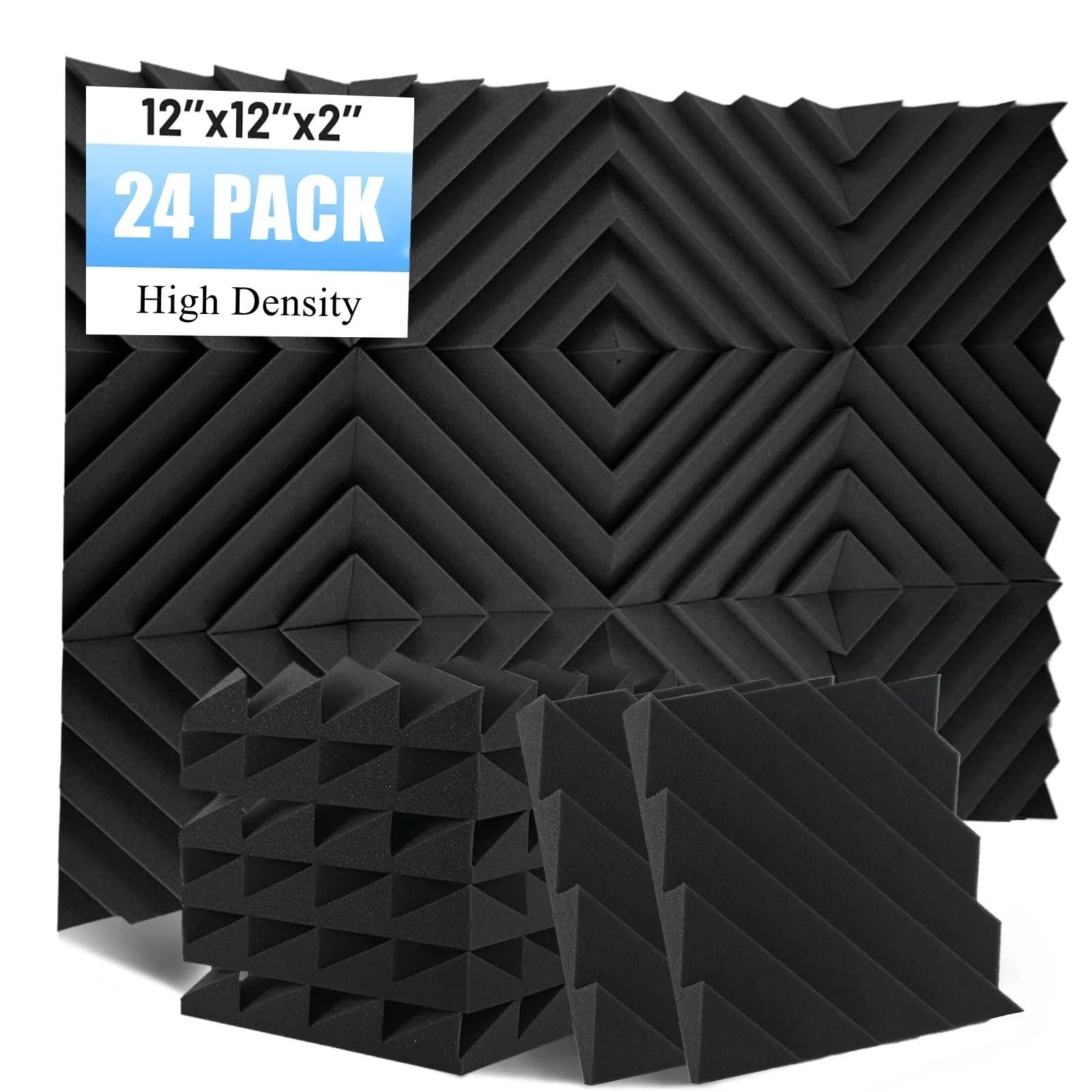 24 Uds. Paneles de tratamiento absorción aislamiento acústico ruido alta densidad espuma insonorizada estudio 2 "X 12" Para amortiguar el sonido(Grey,24 PCS_SQUARE_HIGH DENSITY_2.5CM)