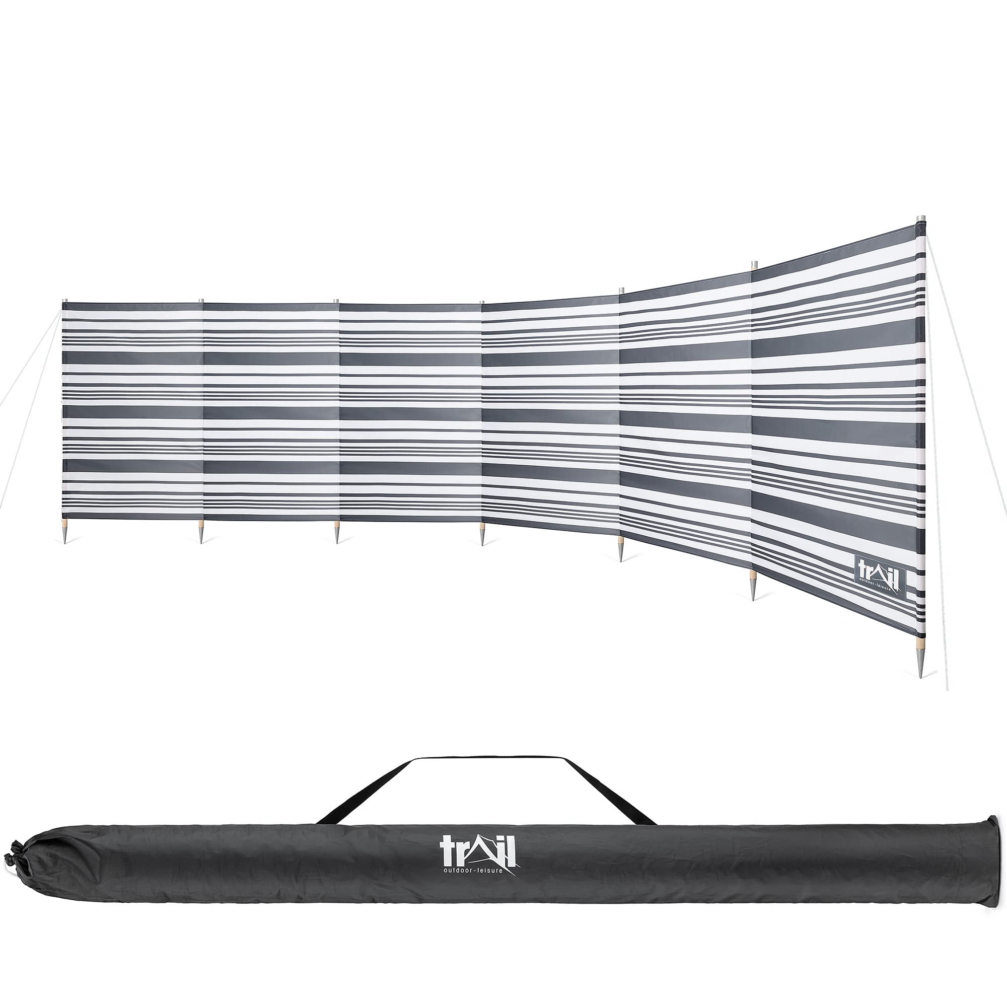Trail Premium 7 Pole Wooden Windbreak with Bag, 5.4m x 1.25m Tall Windbreaker Sun Shelter Privacy Screen with Metal Spikes, Reinforced Stitching, Outdoor Camping Festival Garden (Grey & White Striped)