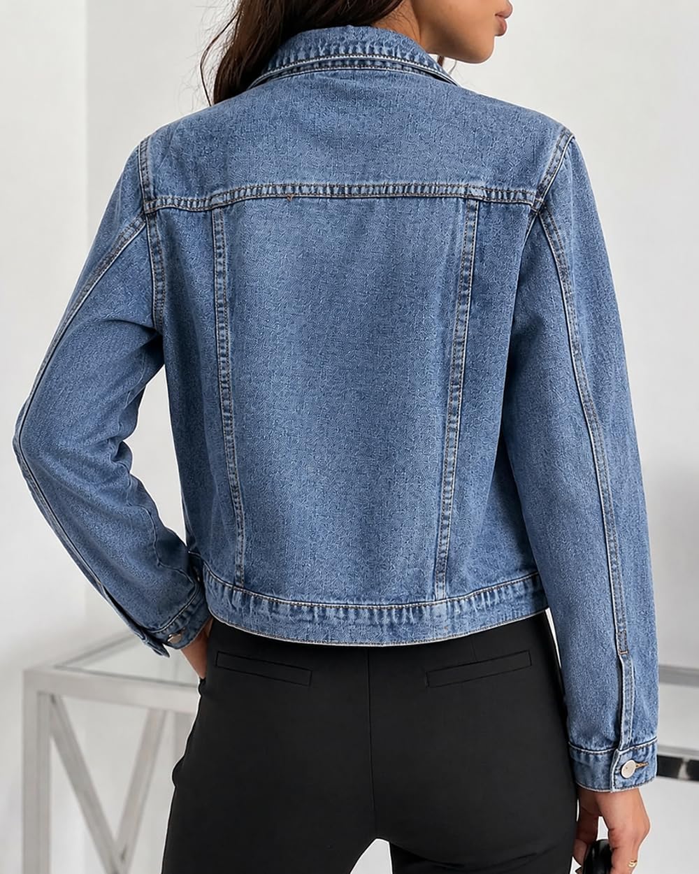 CHICME Womens Pearl Denim Jacket Rhinestone Button Up Jean Jacket