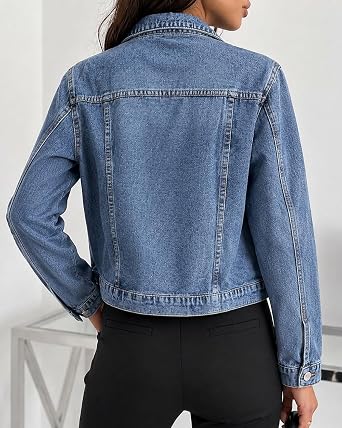 CHICME Women's Pearl Denim Jacket Rhinestone Button Up Jean Jacket