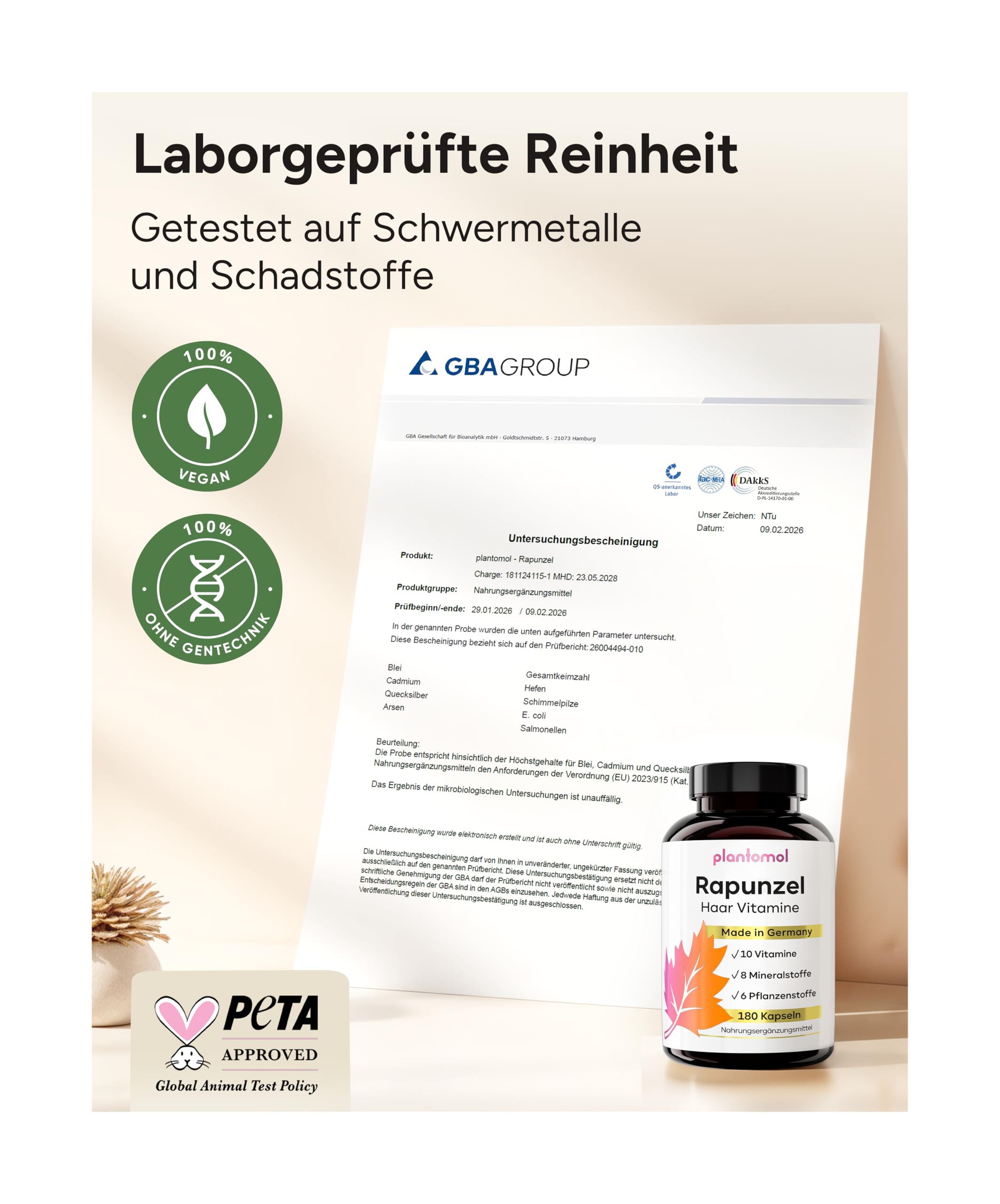 Haar Vitamine - 180 Kapseln - 24 Inhaltsstoffe mit Biotin hochdosiert 10.000µg Hirse & Silizium - Haut Haare Nägel Kapseln - Rapunzel - 3 Monatsvorrat