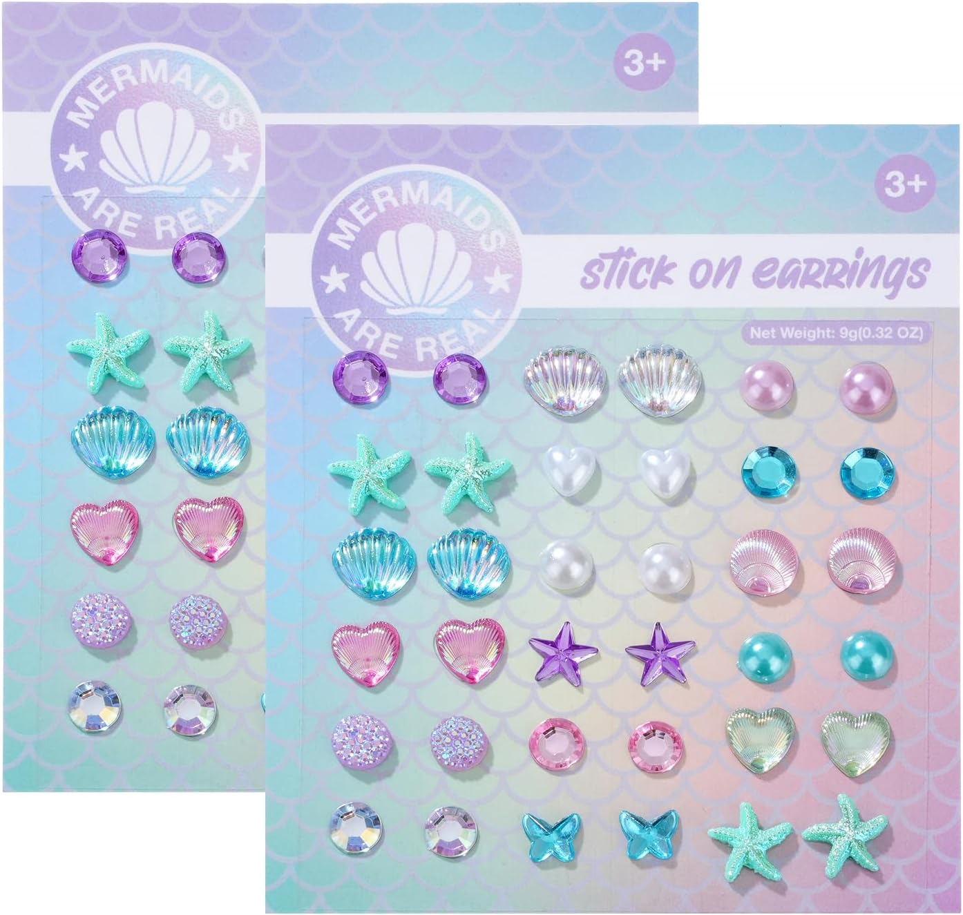 Mermaid Shell Stick on Earrings 3D Self-Adhesive Pearl, Butterfly, Stars, Moon Sticker Earrings, Stick on Earrings for Little Girls 4-6, Kids Girl Face Eye Crystal Gem Stickers (2 Sheet Sets)