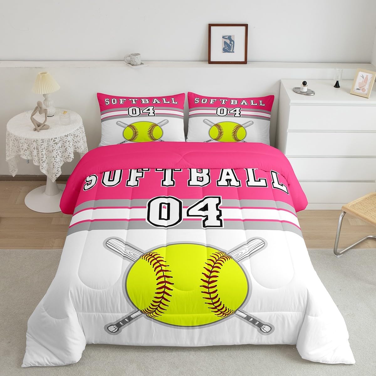 Feelyou Softball Bedding Set Full Size Softball Gaming Duvet Set for Kids Boys Girls Teens Toddler Sport Ball Theme Comforter Set Pink Yellow Quilt Set 3Pcs