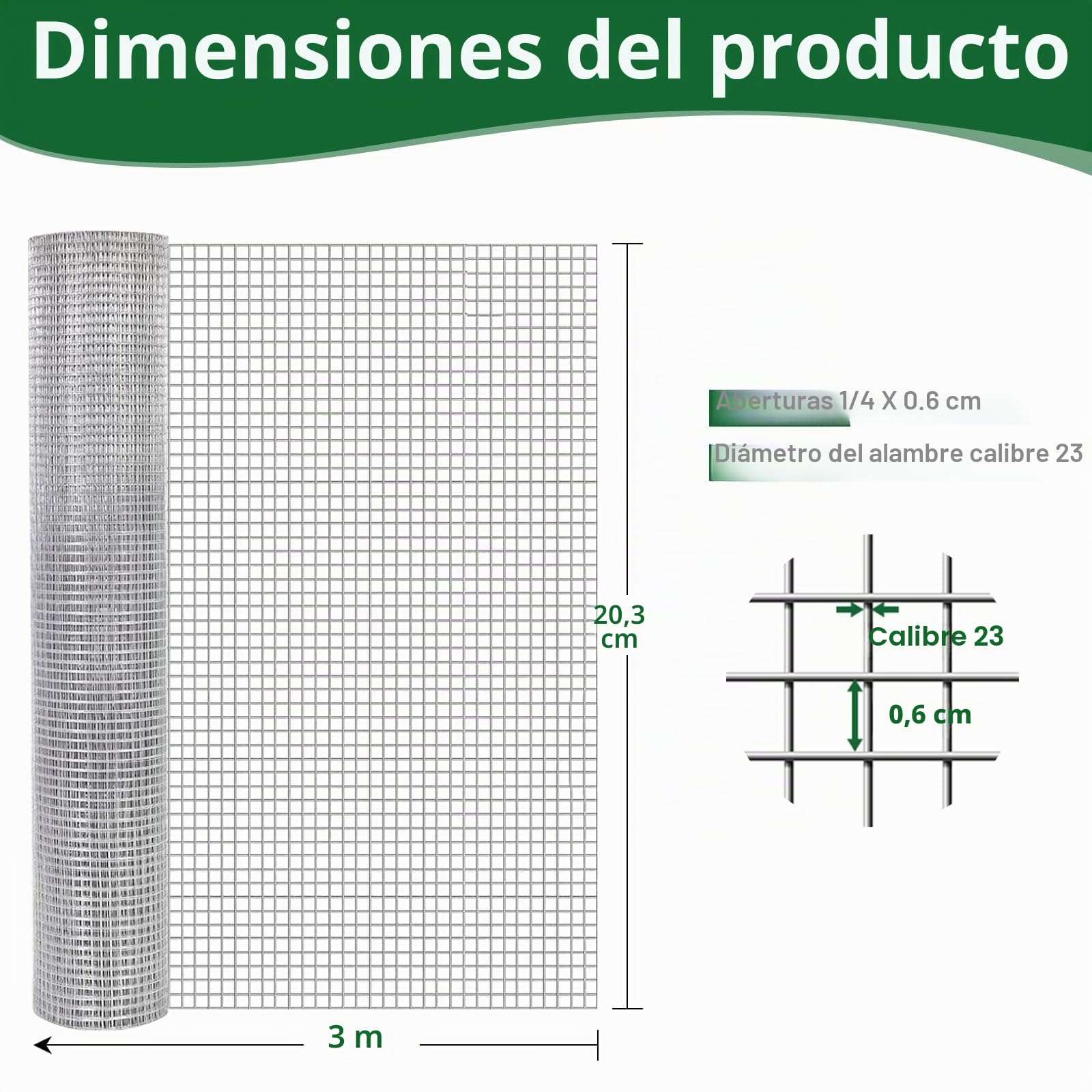 Malla Electrosoldada Galvanizada, Rollo 0.4M x 5M, Luz de Malla 6x6mm, Alambre de 0.6mm de Grosor - para Cerramientos, Gallineros, Jardín y Refuerzo - Amagabeli