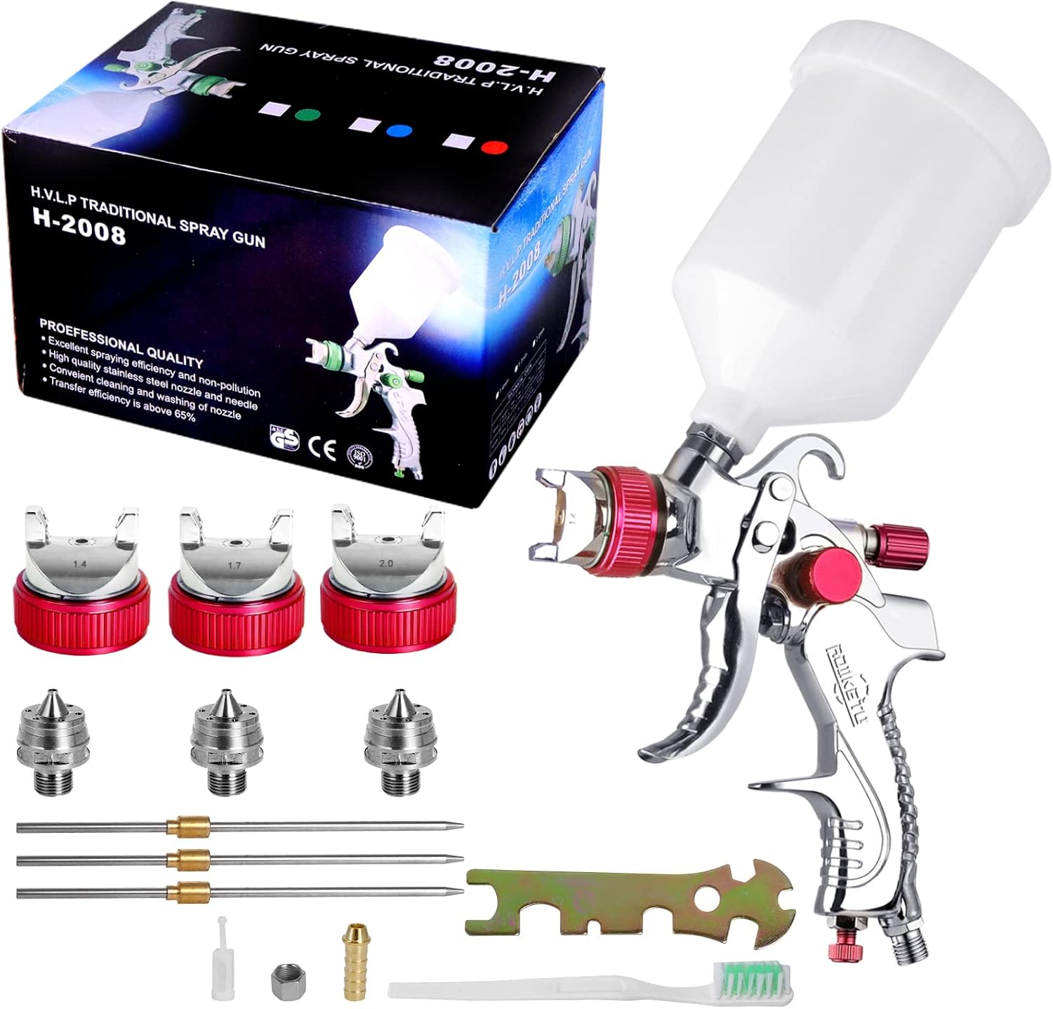 HVLP Spray Gun Set,Automotive Paint Spray Paint Gun, 3 Nozzles 1.4/1.7/2mm Nozzle Size 600cc Cup for Car Primer,Furniture Surface Spraying,Wall Painting (Red)