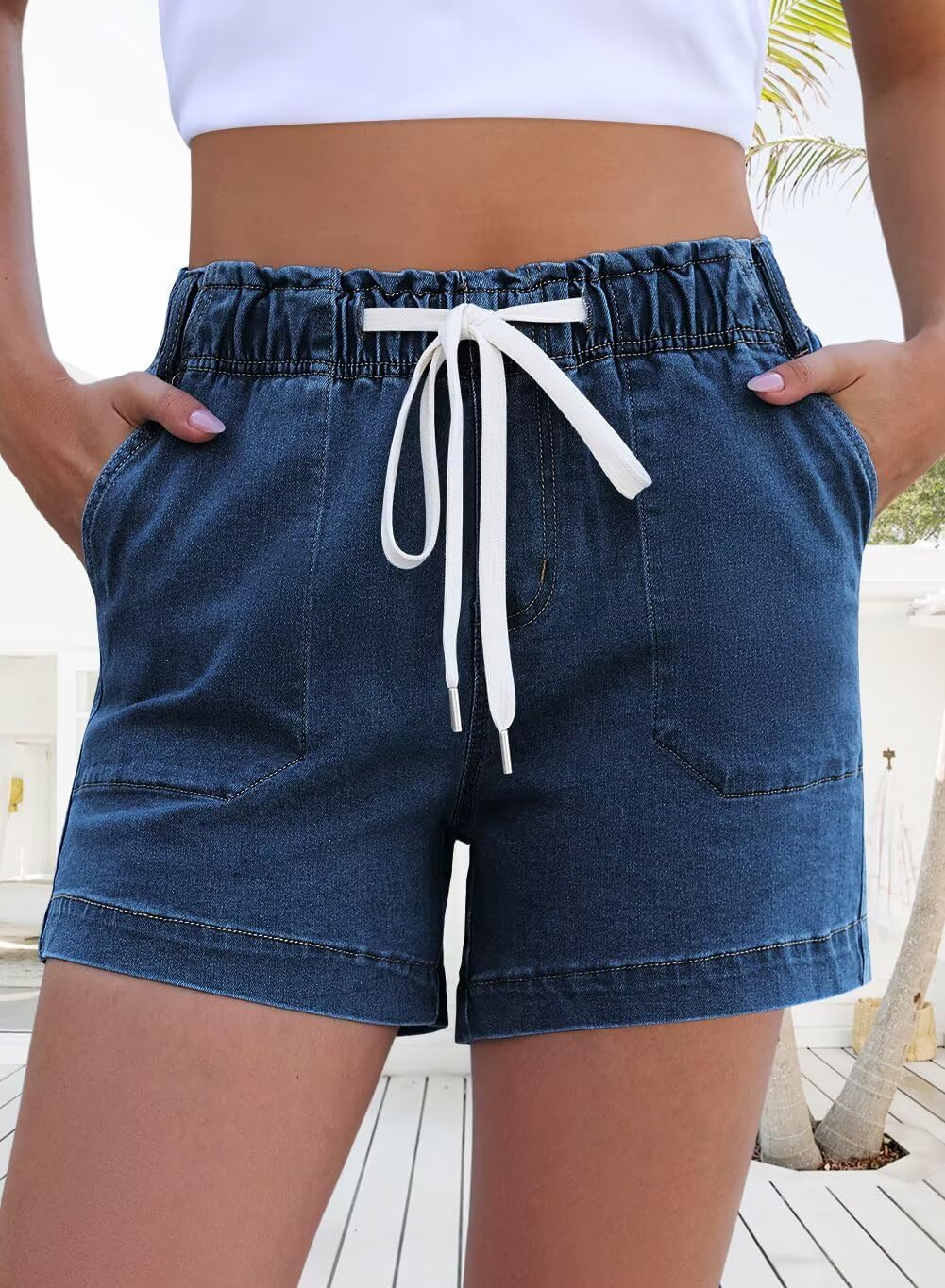FEKOAFE Womens Stretchy Denim Shorts 2026 Summer Casual Drawstring Elastic Waist Jean Shorts with Pockets（S-XL）