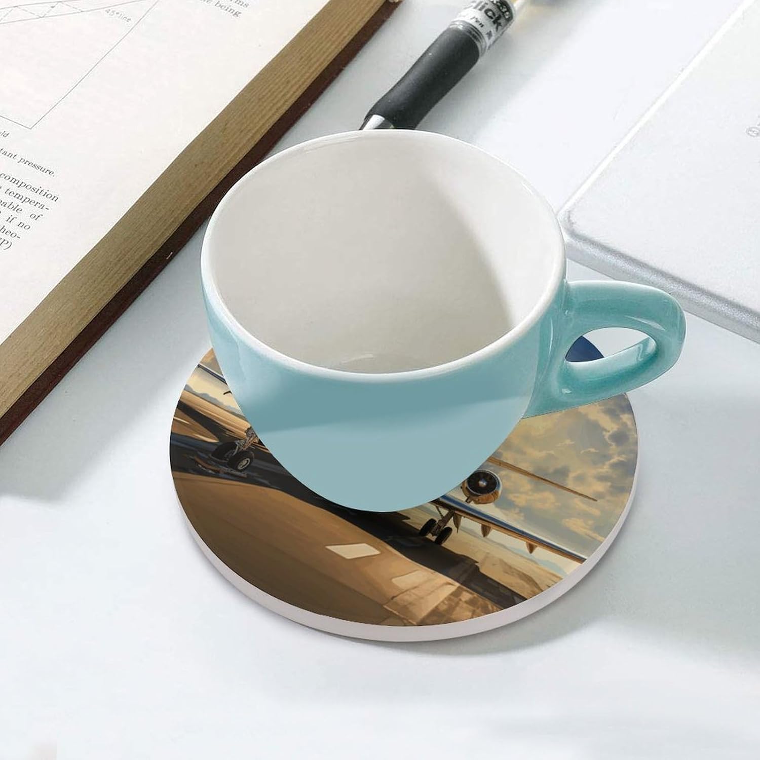 Private Plane Coasters for Drinks Absorbing Round Ceramic Stone Coaster with Cork Base Coffee Cup Beverage Table Cup Mat Modern Style Bar Coaster Set for Home Decor
