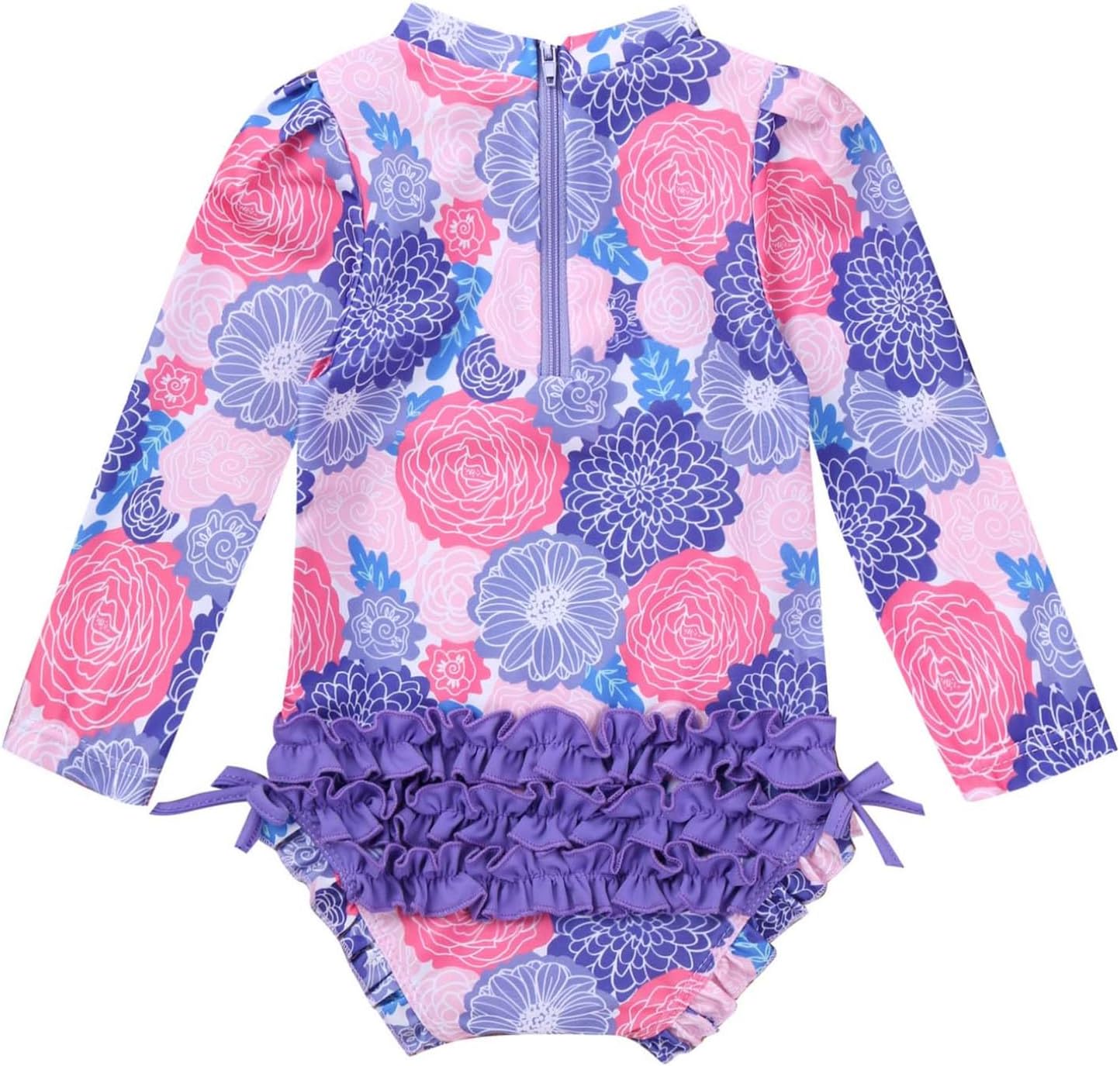 ranrann Infant Baby Girls Floral Zipper Rash Guard Ruffled Swimwear UPF 50+ Bathing Suit