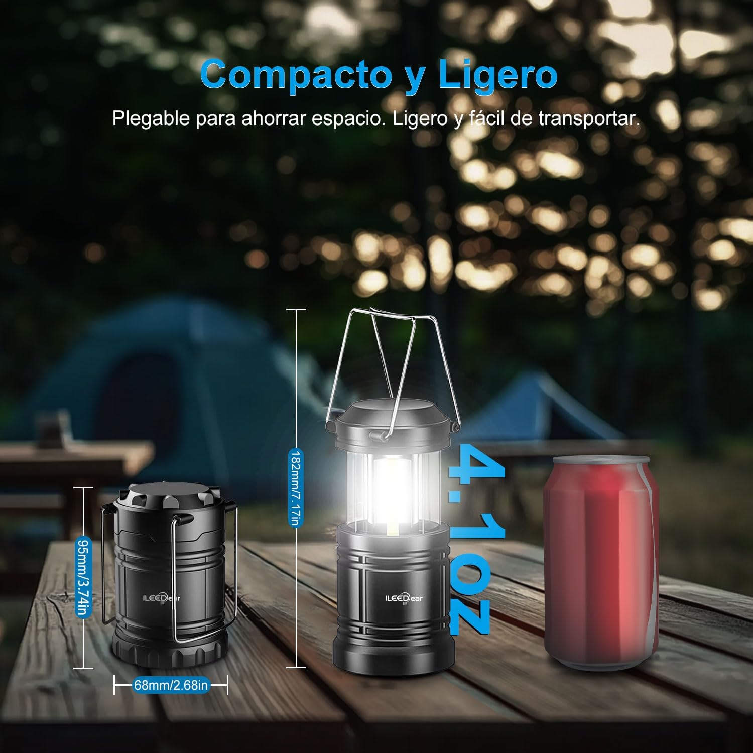 Linterna LED plegable encendida en ambiente oscuro