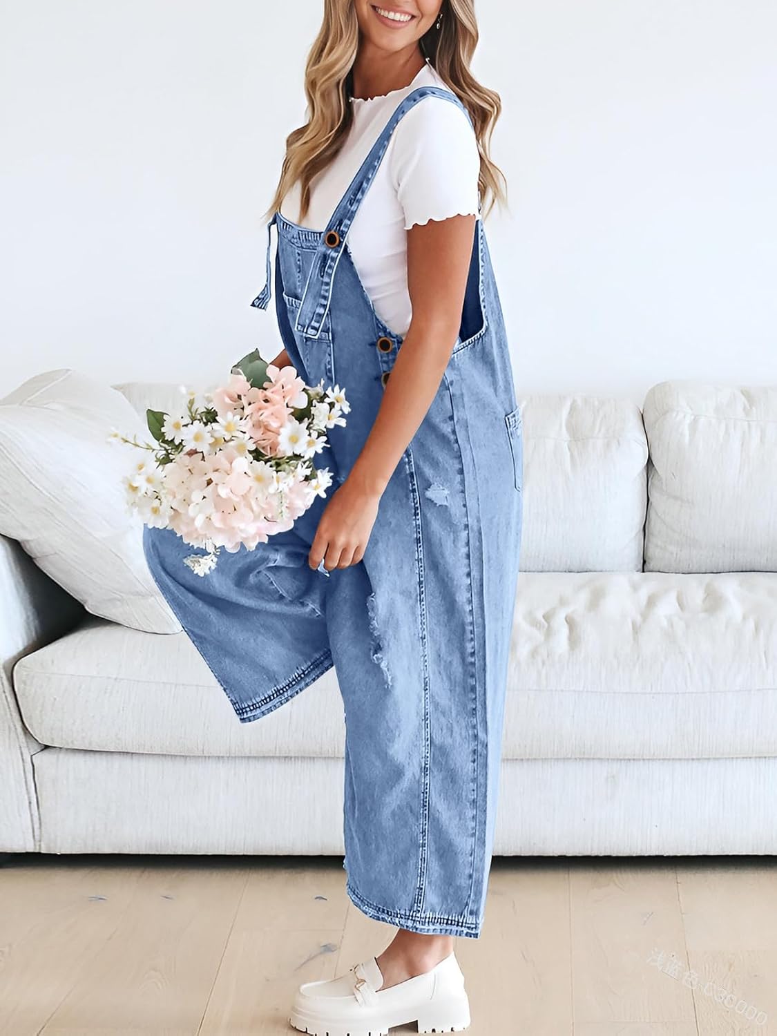 chouyatou Women Loose Adjustable Strap Denim Bib Overall Jeans Distressed Wide Leg Baggy Overalls Jumpsuit - Image 2