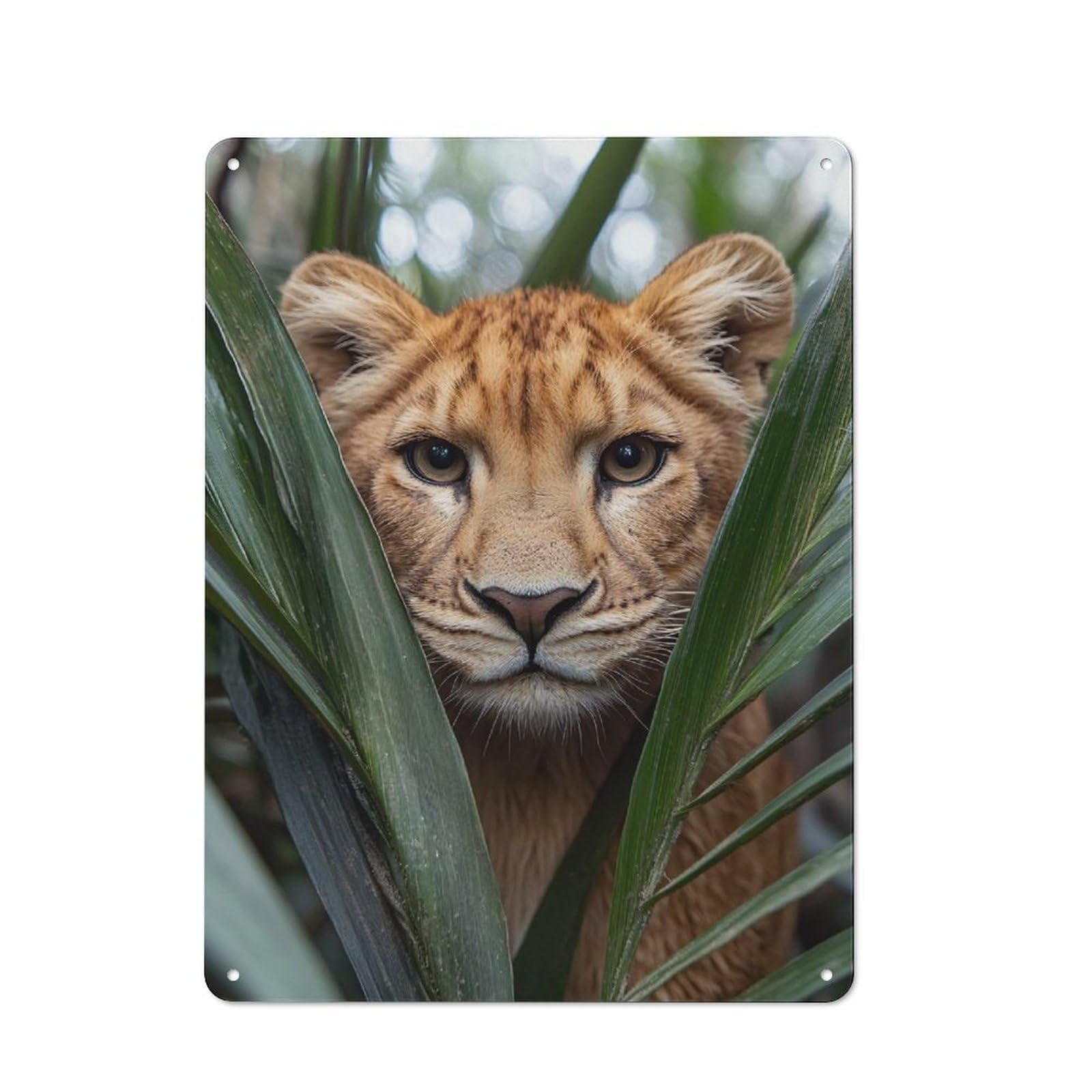 Junmoney Style-4 Loft Style Metal Wall Art Sign 40X30cm Featuring Lion Cub Portrait In The Jungle, Urban Room Decor For Loft, Studio, Office Or Creative Room