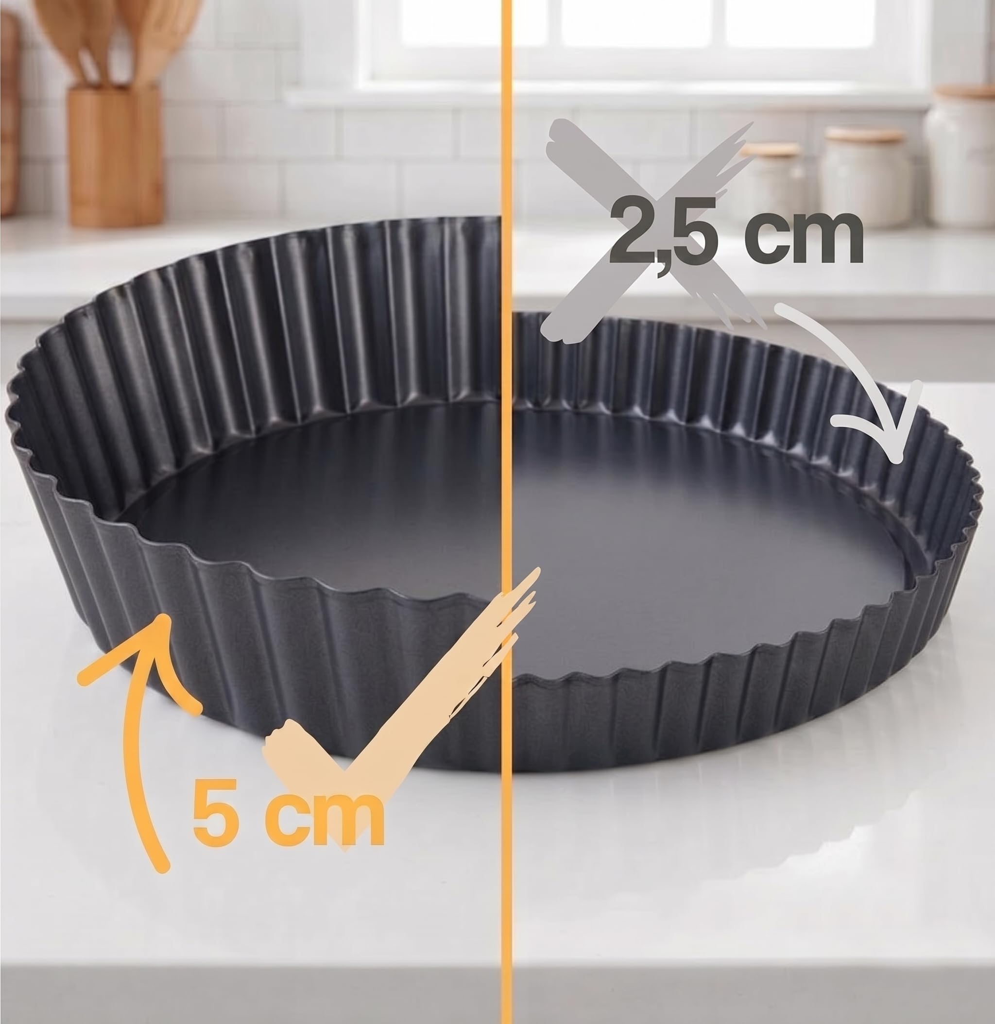 MGE - Set 3 Moldes Quiche Desmontables con Base Extraíble - Moldes de Tarta Rizados Profundos 20, 24 y 28 cm - Antiadherentes para Quiche, Tartas y Tartaletas