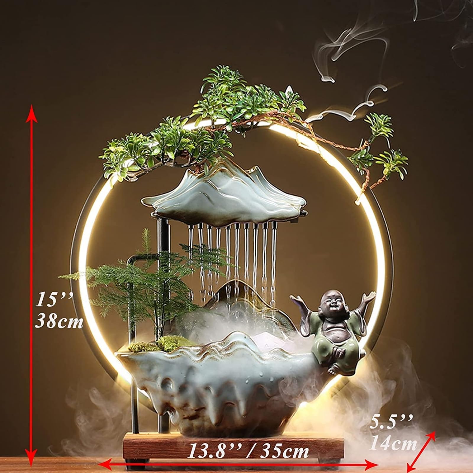Buddha Deko Wasserbrunnen Wasserfall LED Indoor Deko Springbrunnen für Meditation mit japanischer Dekoration mit gefälschten Pflanzen Feng Shui Dekoration für Glück Reichtum