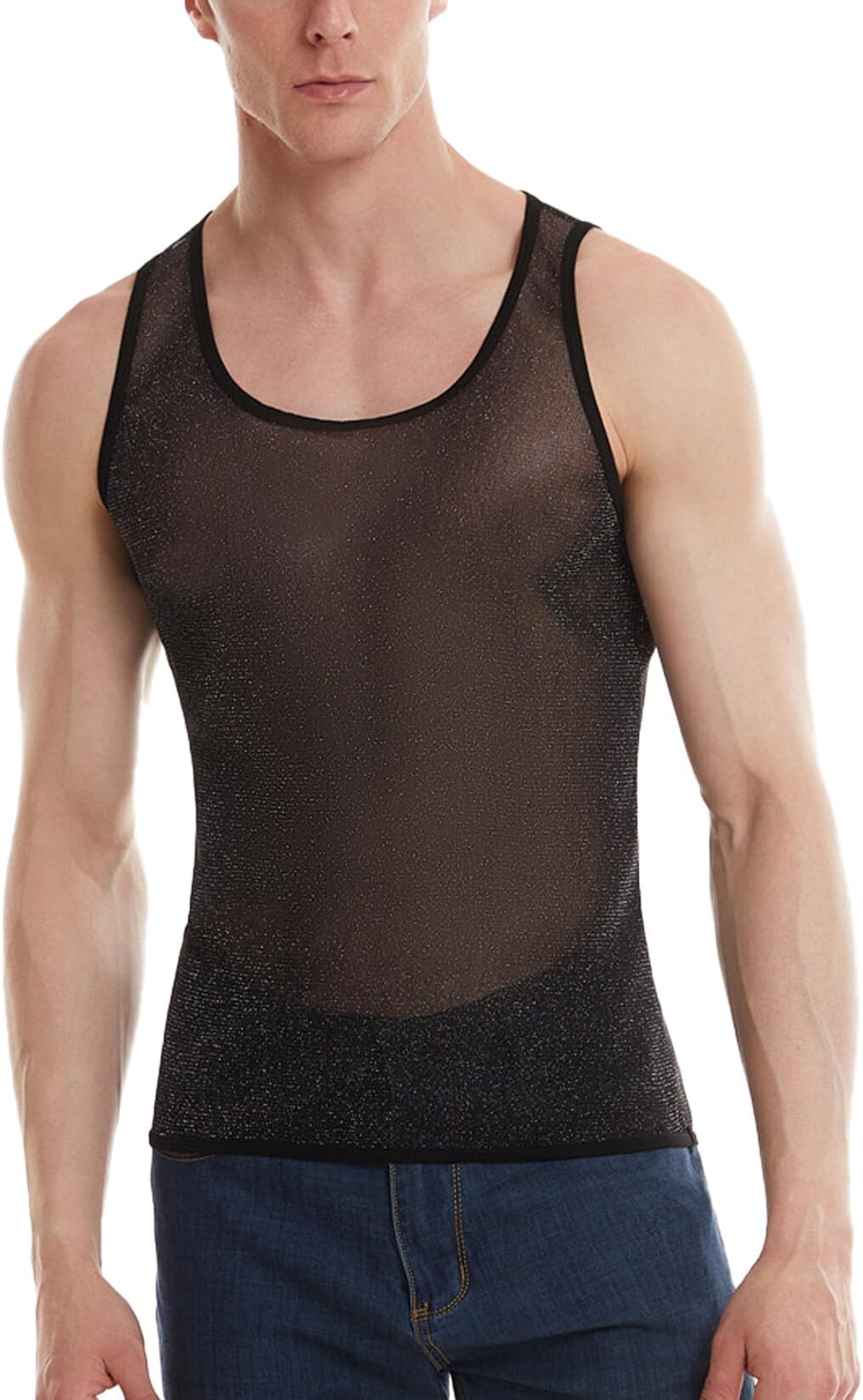 Men's Glitter Tank Top Solid Color Sheer Undershirt Tulle T-Shirt Mesh Sleeveless Vest Round Neck See Through Tank Top, Black, S