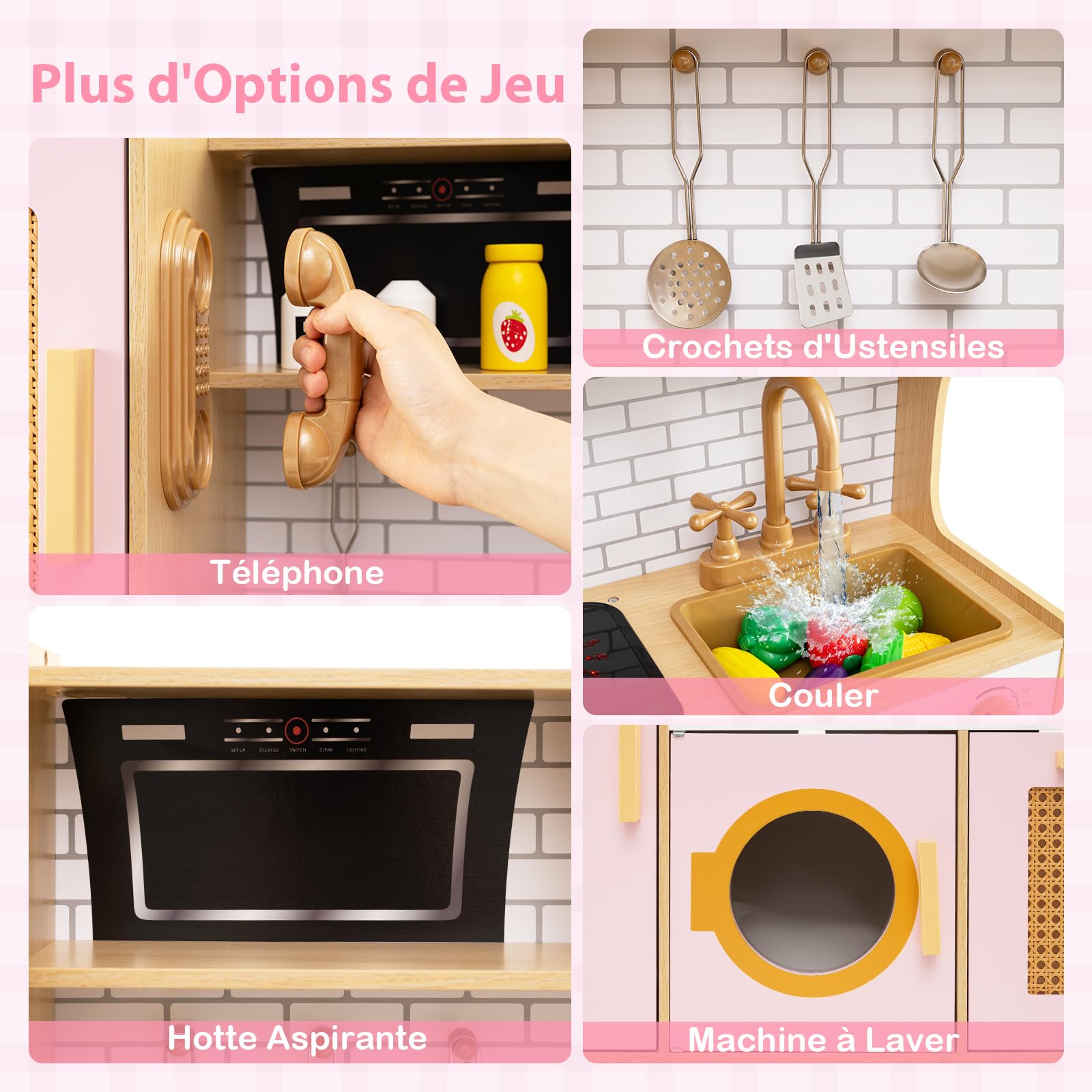 COSTWAY Cuisine Enfant avec Lumière & Effet Sonore, Cuisiniere Enfant avec Distributeur d'eau & Machine à Laver & Four, Portes en Rotin, Jeu de Cuisine pour Garçons Filles de 3 Ans+ (Rose)
