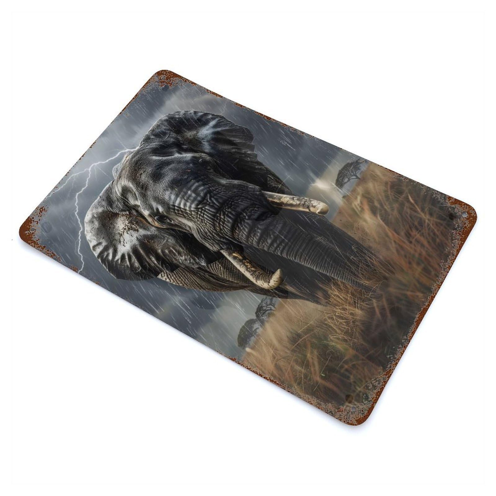Rust Effect Elephant in Storm Decorative Tin Sign 11.8"x7.9", Rustic Home Decor for Cafe, Home Bar And Lounge Decor