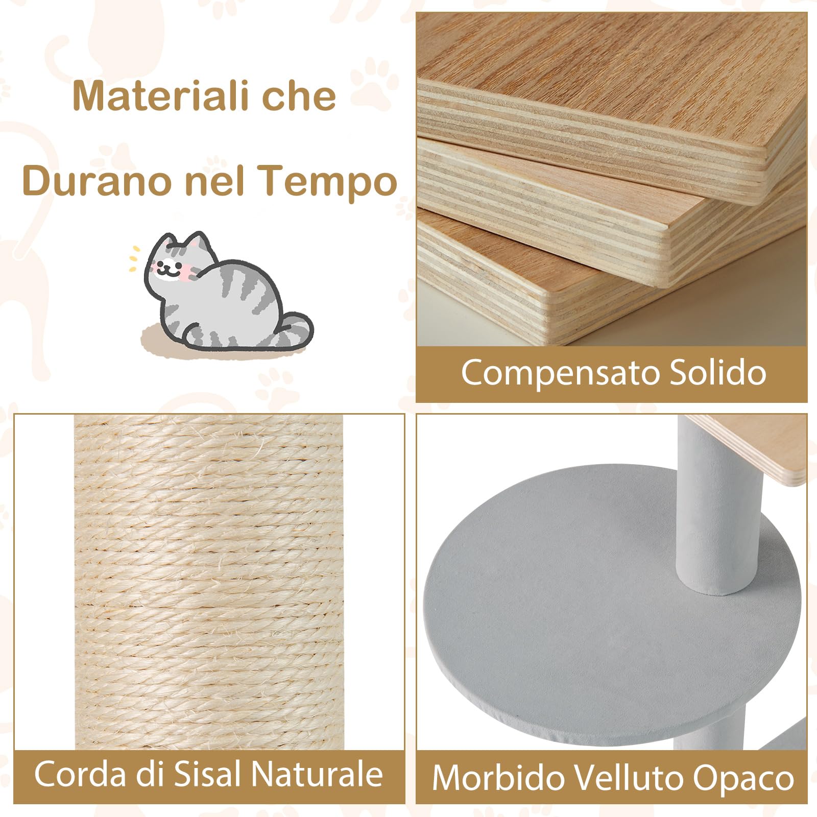 COSTWAY Tiragraffi per Gatto Alto 113 cm con Capsula Spaziale, Albero Tiragraffi Gatti con 4 Pali in Sisal, Piattaforme, Trespolo e Pompon, Torre Gatto in Legno Solido, Naturale e Grigio