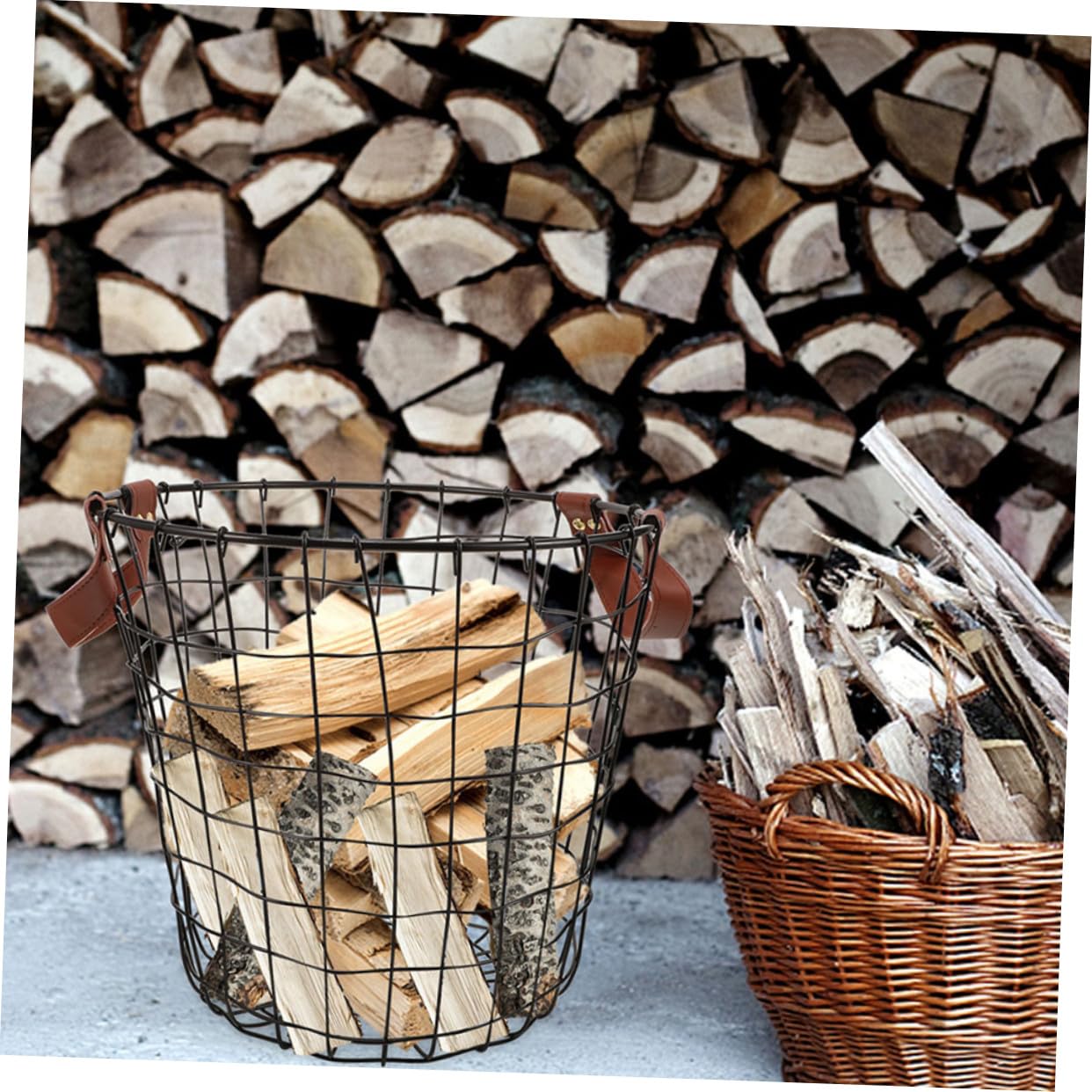 VALICLUD Cestino Per Combustibile Da Ardere in Filo Metallico Rotondo Cestino Per Biancheria in Stile Rustico Contenitore Per Riporre Utensili Organizer in Stile Rustico Per Braciere