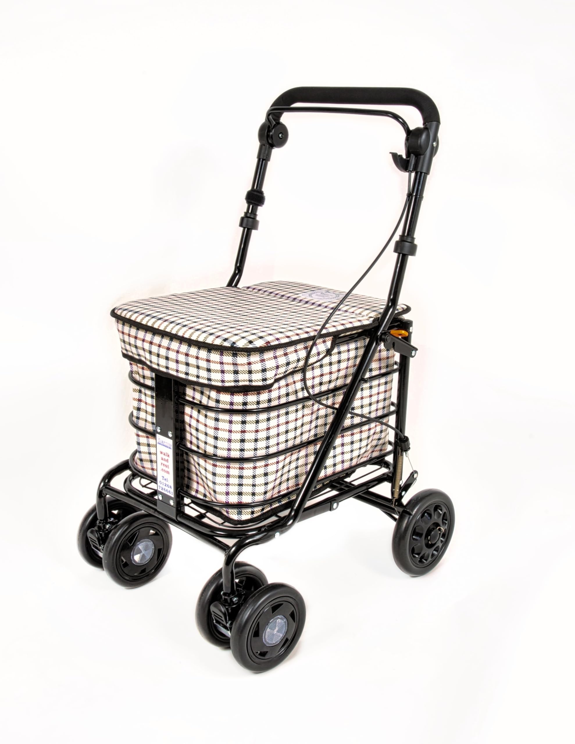 Walking Trolley/Shopping Trolley with Seat/Seated Mobility Trolley/Stroller/Rollator (FULLY ASSEMBLED READY TO USE!) Folding with handbrake 6 wheels and seat (Light Tartan)