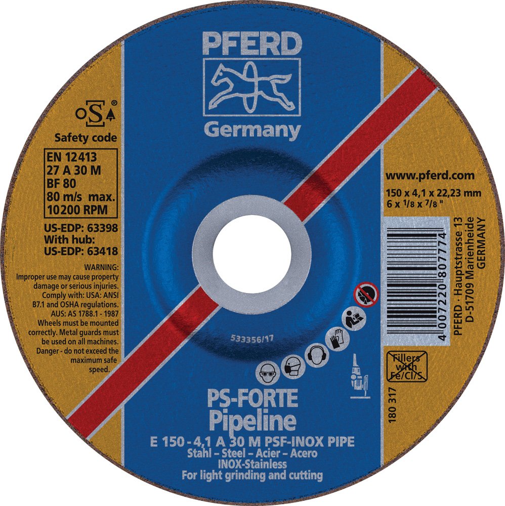 PFERD 63398 Type 27 Depressed Centre Grinding Wheel, Aluminum Oxide A, 6" Diameter x 1/8" Thick, 7/8" Bore Size, 10200 rpm (Pack of 10)