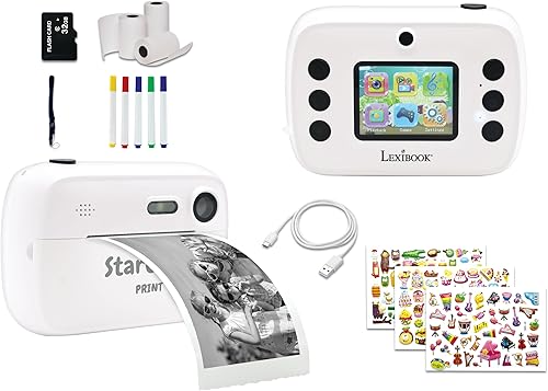 Lexibook StarCAM Print, paquete de cámara con impresora instantánea, función de foto y video, tarjeta SD de 32 GB y kit de personalización de fotos