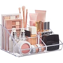 STORi Clear Plastic Vanity Makeup Organizer | 6-Compartment Holder for Brushes, Eyeshadow Palettes, &amp; Beauty Supplies | Curved Front Design | Made in USA