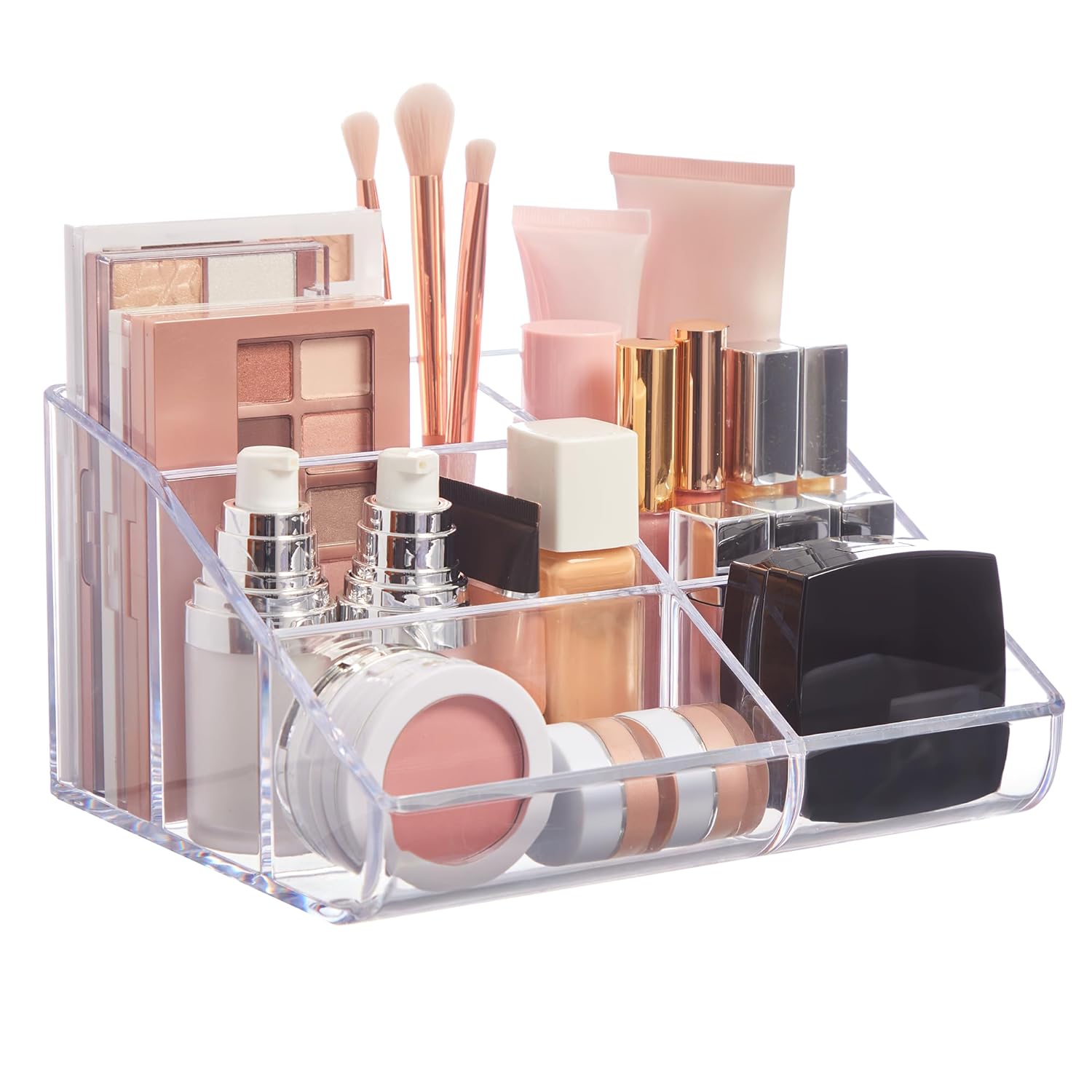 STORi Clear Plastic Vanity Makeup Organizer 6-Compartment Holder for Brushes Eyeshadow Palettes Beauty Supplies Curved Front Design Made