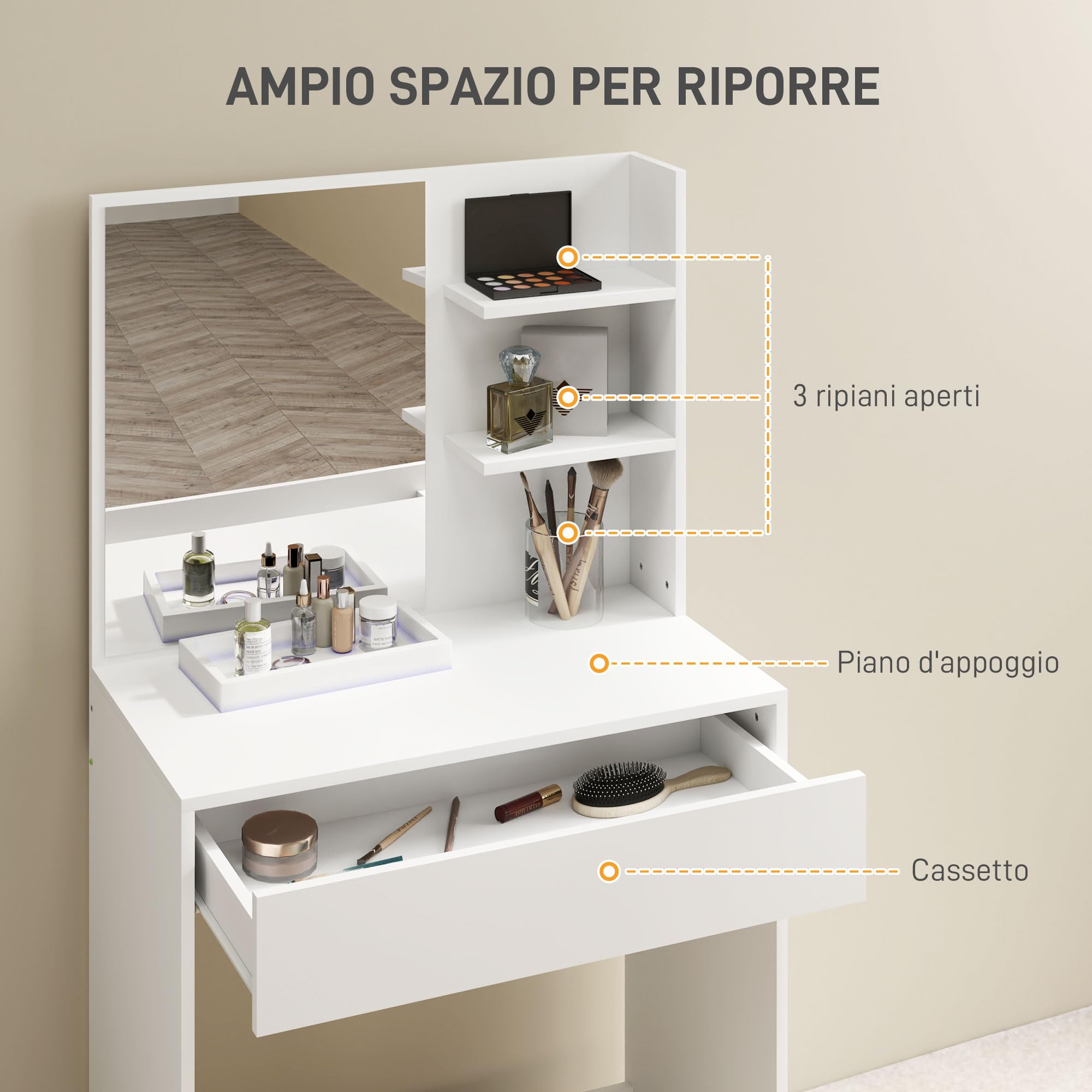 HOMCOM Postazione Trucco a 3 Ripiani e Cassetti con Specchio e Sgabello Abbinato, Toeletta Trucco da Camera in Truciolato, 75x40x137 cm, Bianco