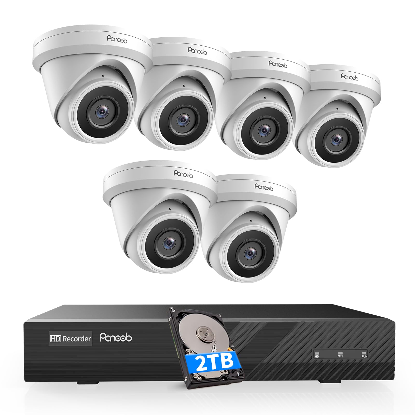 PANOOB 4K Security Camera System, 8MP 8 Channel NVR with 2TB HDD, 6PCS Wired 4K PoE Security IP Cameras Outdoor,Smart Person Vehicle Detection,Built-in Micphone,2.8mm Lens110ーWide Angle, PD0608-4K