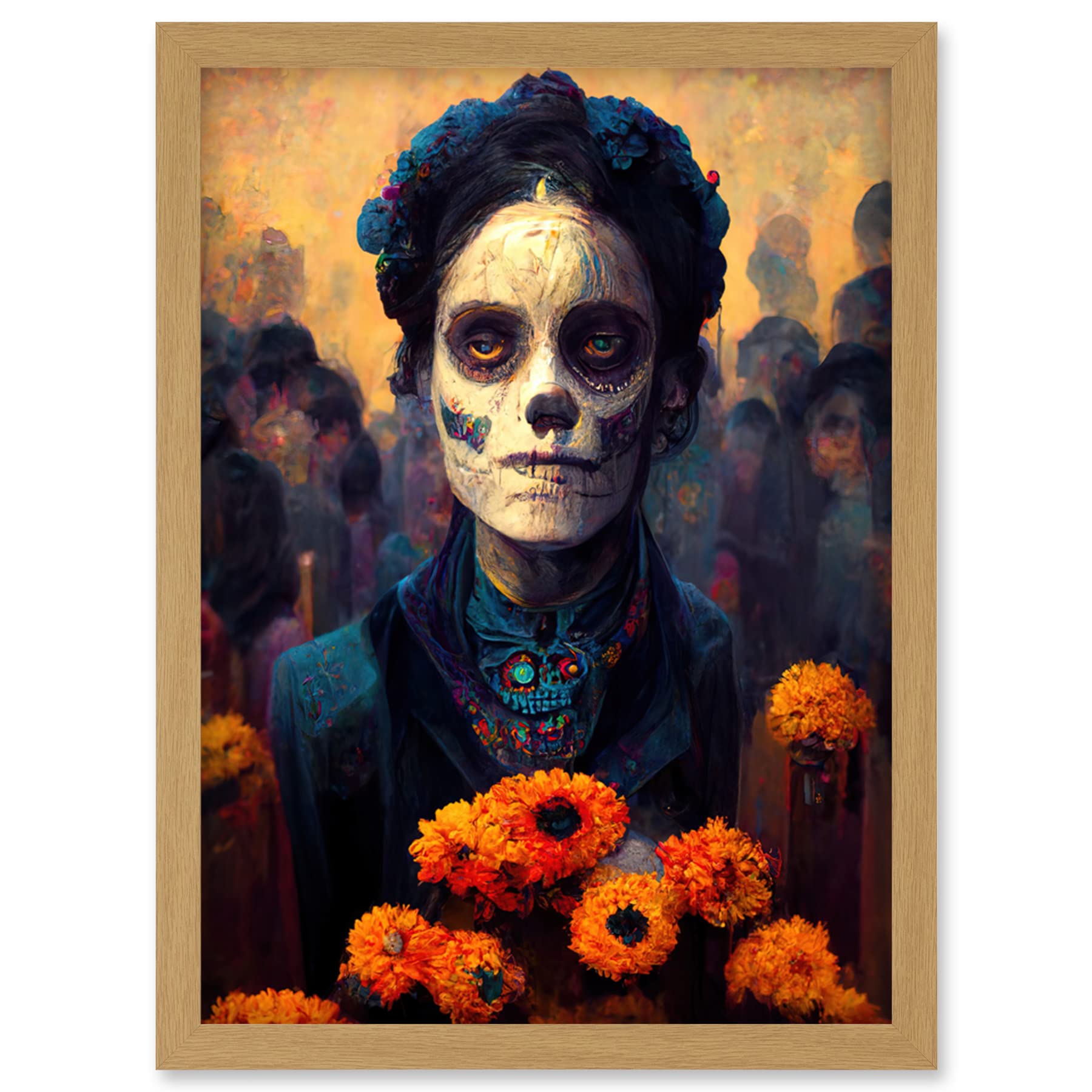 Day Of Dead Skull Marigold Flowers Artwork Framed Wall Art Print A4