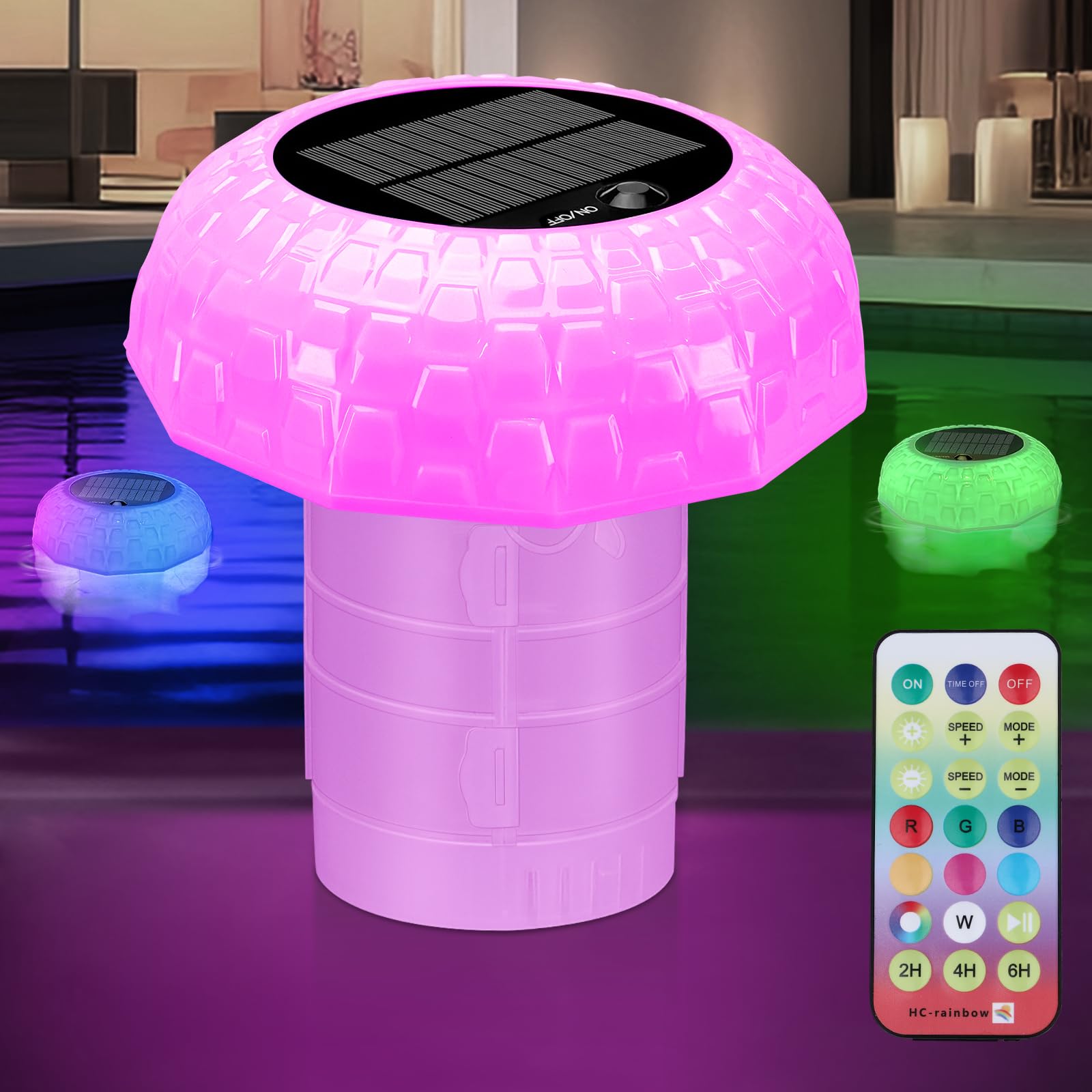Qoolife Grand doseur Flottant pour jusqu'à 4 pastilles de Chlore - Lumière Solaire LED - 7 Couleurs - Distributeur de Chlore pour Piscine - avec télécommande réglable et Pliable