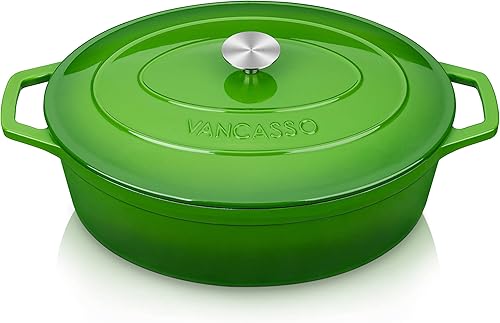 vancasso Horno holandés de hierro fundido esmaltado, olla de horno holandés de 9.3 cuartos con tapa, olla ovalada de hierro fundido con vancasso Horno holandés de hierro fundido esmaltado, olla de horno holandés de 9.3 cuartos con tapa, olla ovalada de hierro fundido con