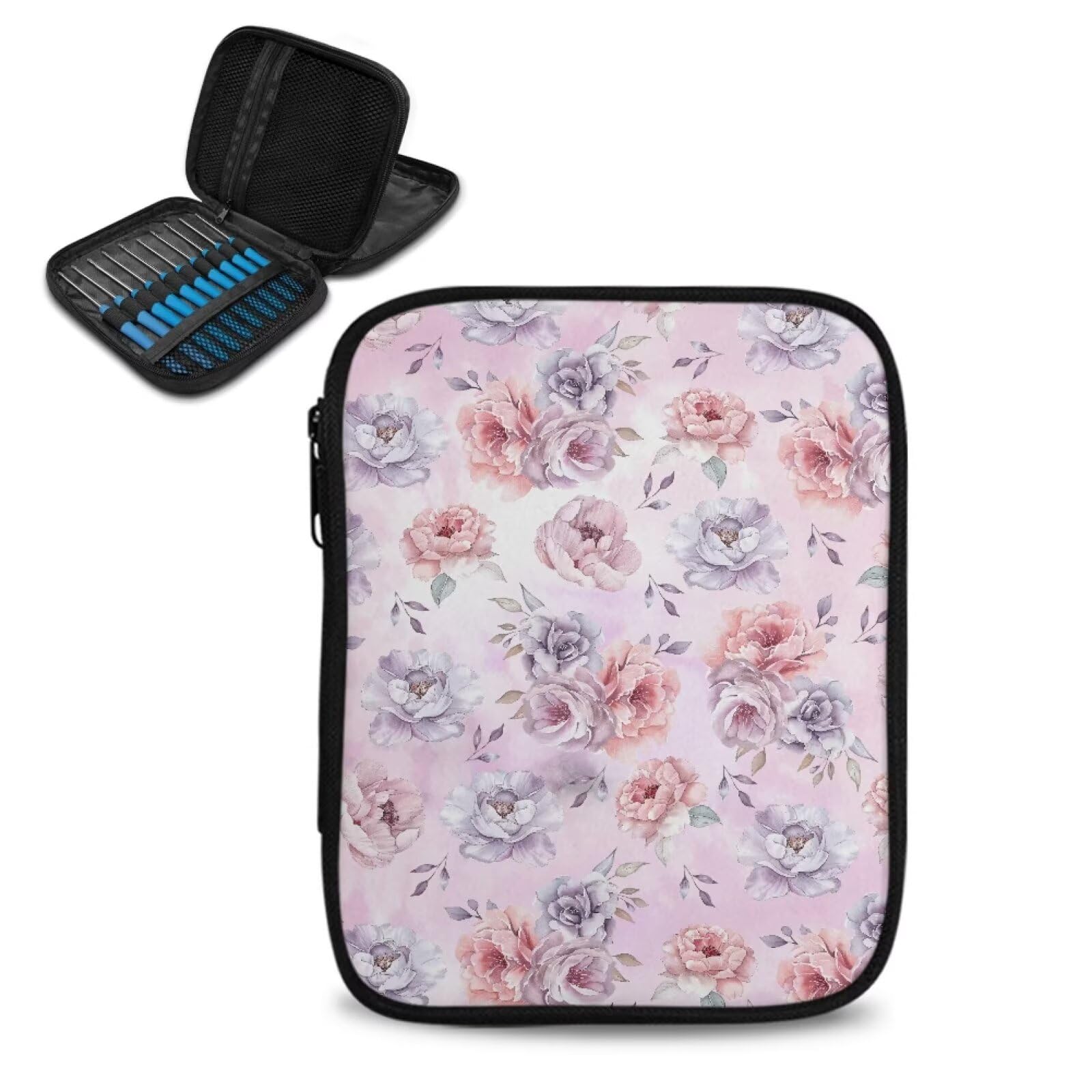 Floral Crochet Hook Case with Web Pockets Leaves Knitting Needle Storage Portable Crochet Storage Organizer for Crochet Hooks, Knitting Needles,Knitting Crochet Supplies