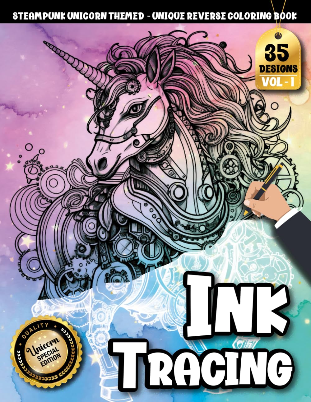 Ink Tracing Book For Adults: Relaxing Steampunk Unicorn Pages Featuring Watercolor Scenes for Creative Tracing and stress tracing (Steampunk Unicorn Tracing Series)