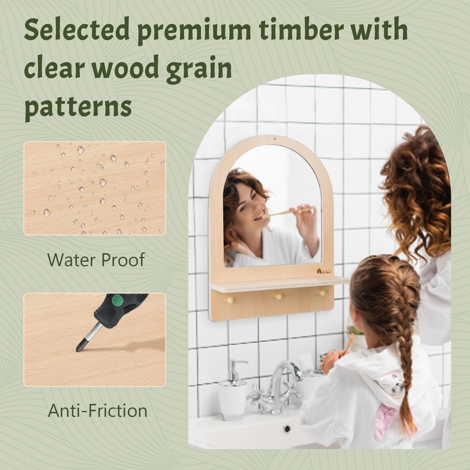 Adena Montessori Montessori - Espejo para niños pequeños con 3 Ganchos, Espejo de Pared de Madera Seguro para Cuidado Personal, Almacenamiento y decoración