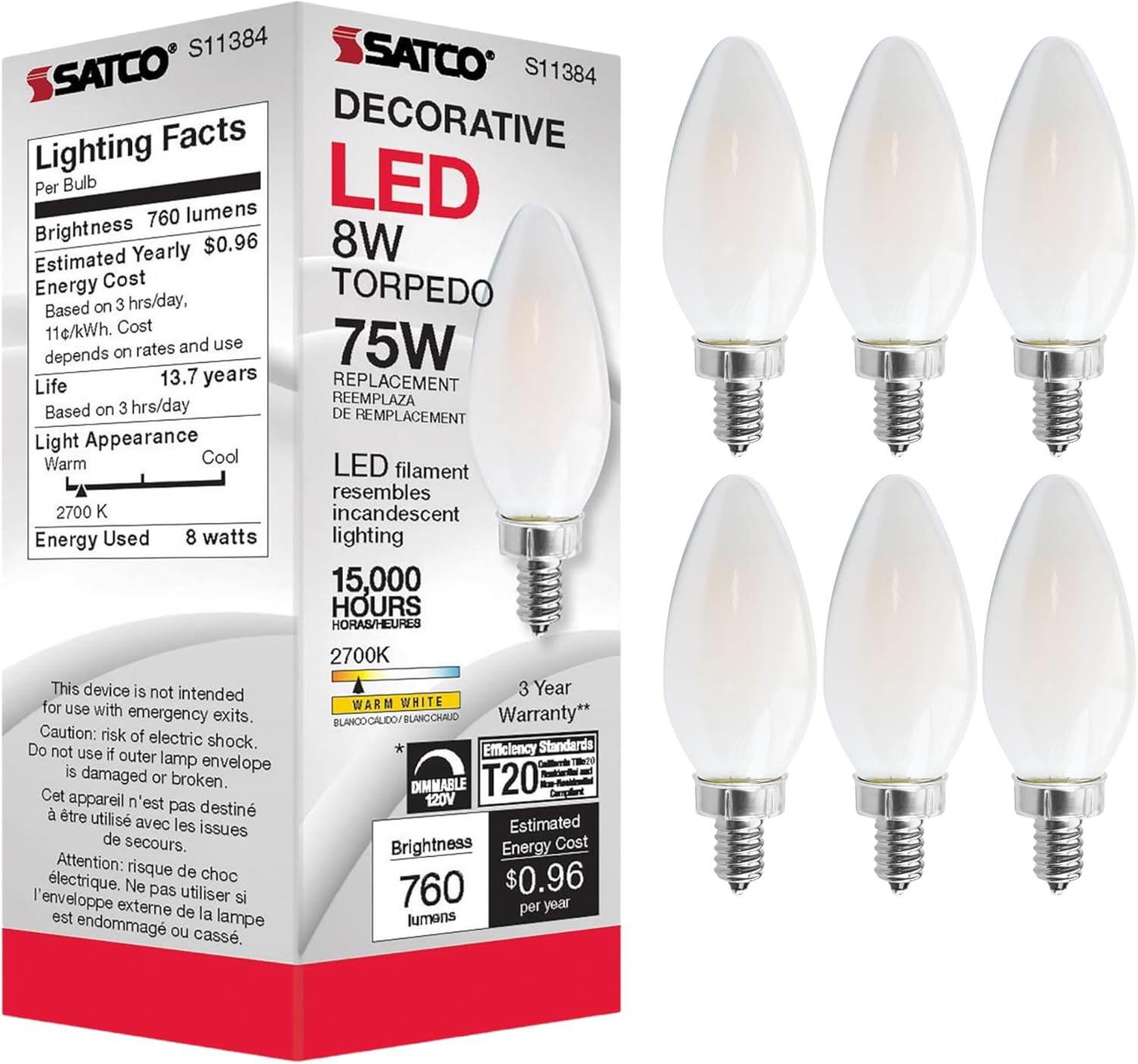 Satco (S11384) 8 Watts 120 Volt C11 Frosted LED Bulb E12 Candelabra Base 760 Lumen - 2700K (6 LED Light Bulbs)