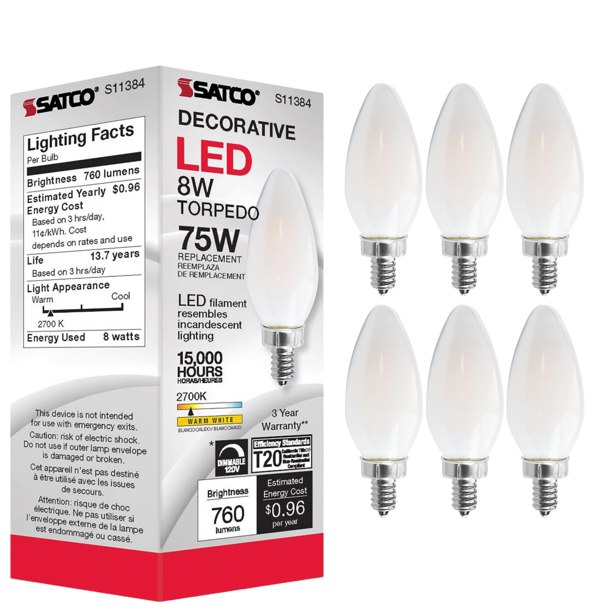 Satco (S11384) 8 Watts 120 Volt C11 Frosted LED Bulb E12