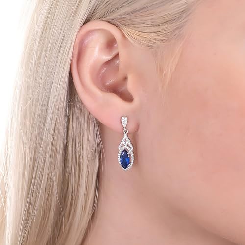 Vista 4 de BERRICLE Aretes colgantes de plata de ley con halo de zafiro azul simulado, corte marquesa, circonita cúbica, circonita cúbica, Art Déco