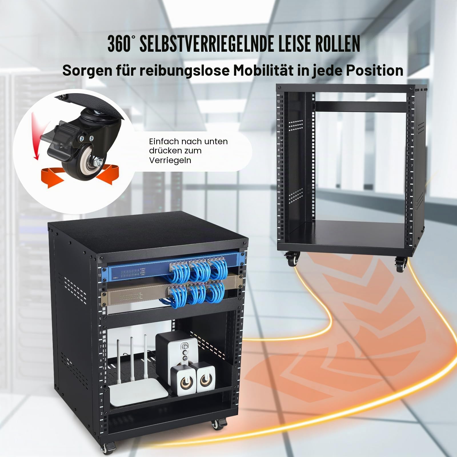 VEVOR 12U Server-Rack, 226,8 kg Kapazität, Netzwerk-Stereo-Aufnahmestudio-Rack mit feststellbaren Lenkrollen, Ideal für die Montage von Audio-, Video-, Musik- und IT-Geräten, 510 x 460 x 700 mm