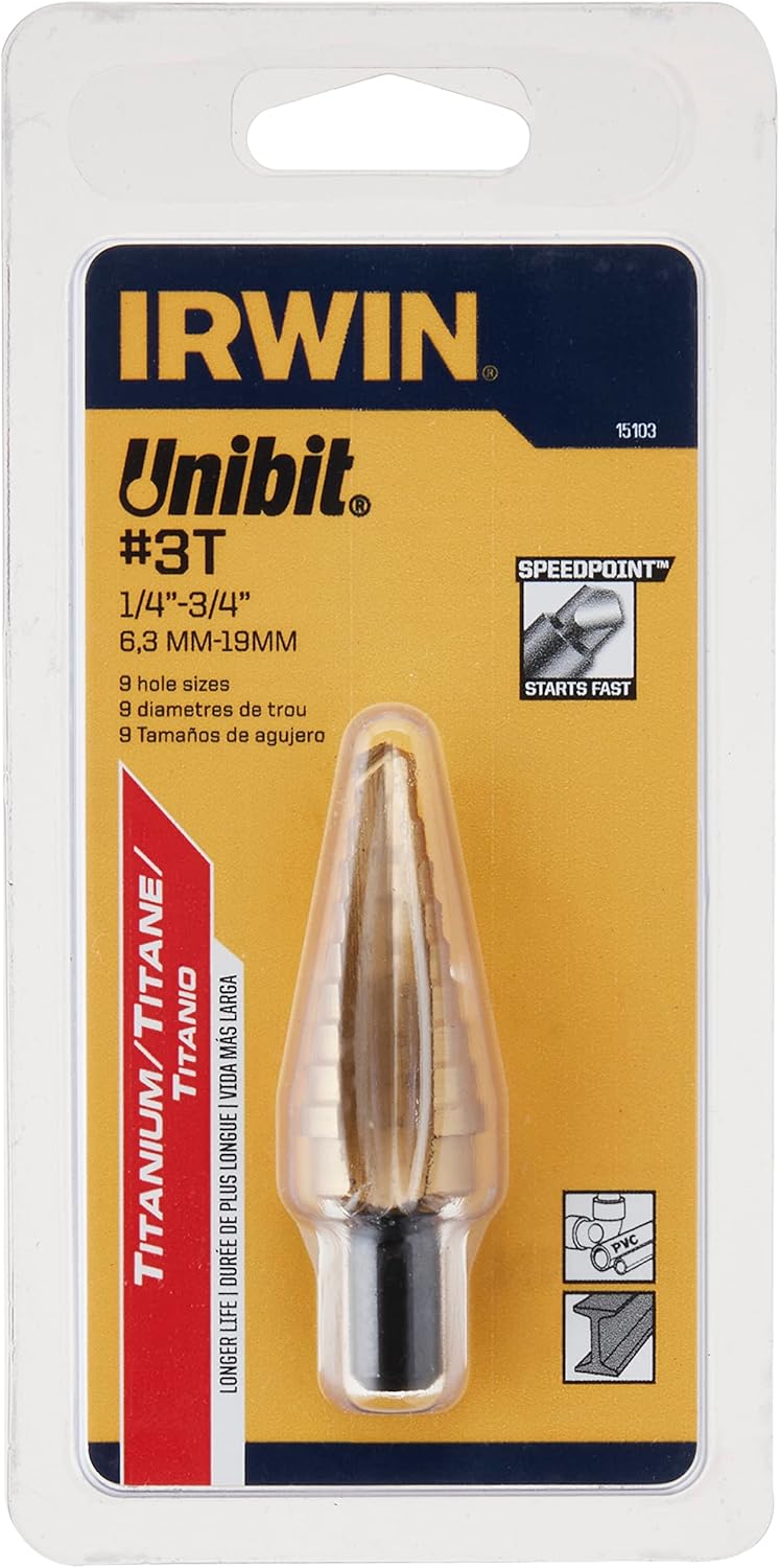 Irwin Tools IRWIN Unibit3T Shank Step Drill Bit, Titanium Nitride Coated, 1/4" to 3/4" by 3/8" (15103)