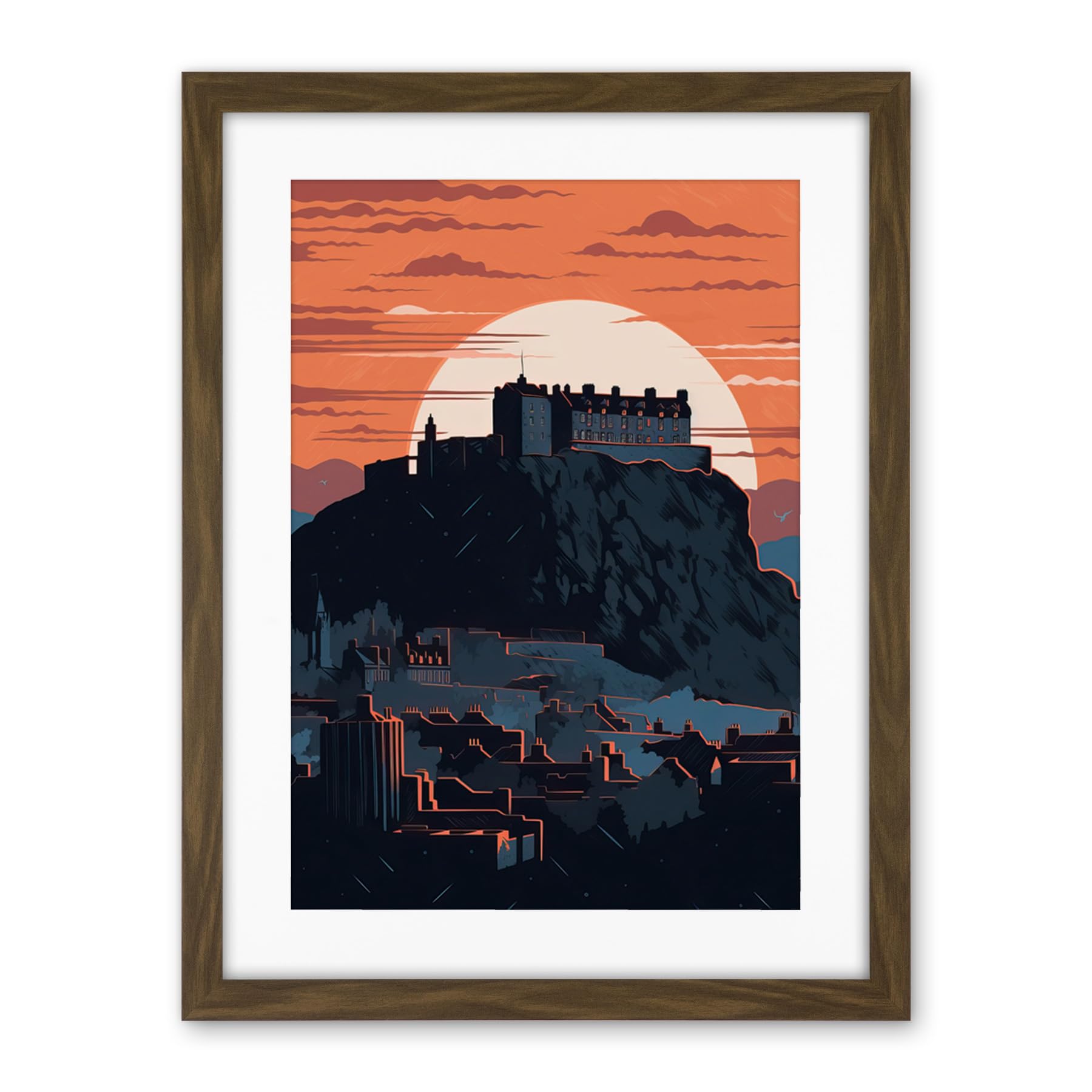 Artery8 Edinburgh Castle and Old Town Atmospheric Sunset Artwork Framed Wall Art Print 18X24 Inch