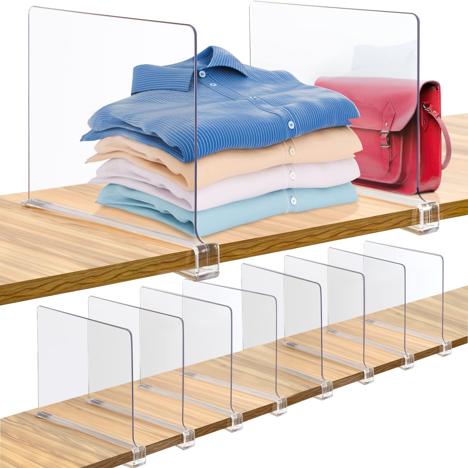 Consevisen Shelf Dividers for Closet Organization and Storage, 10 Pack Acrylic Clear Closet Shelf Dividers for Wood Shelves, Vertical Sweater Handbag Purse Organizer for Bedroom Kitchen Office