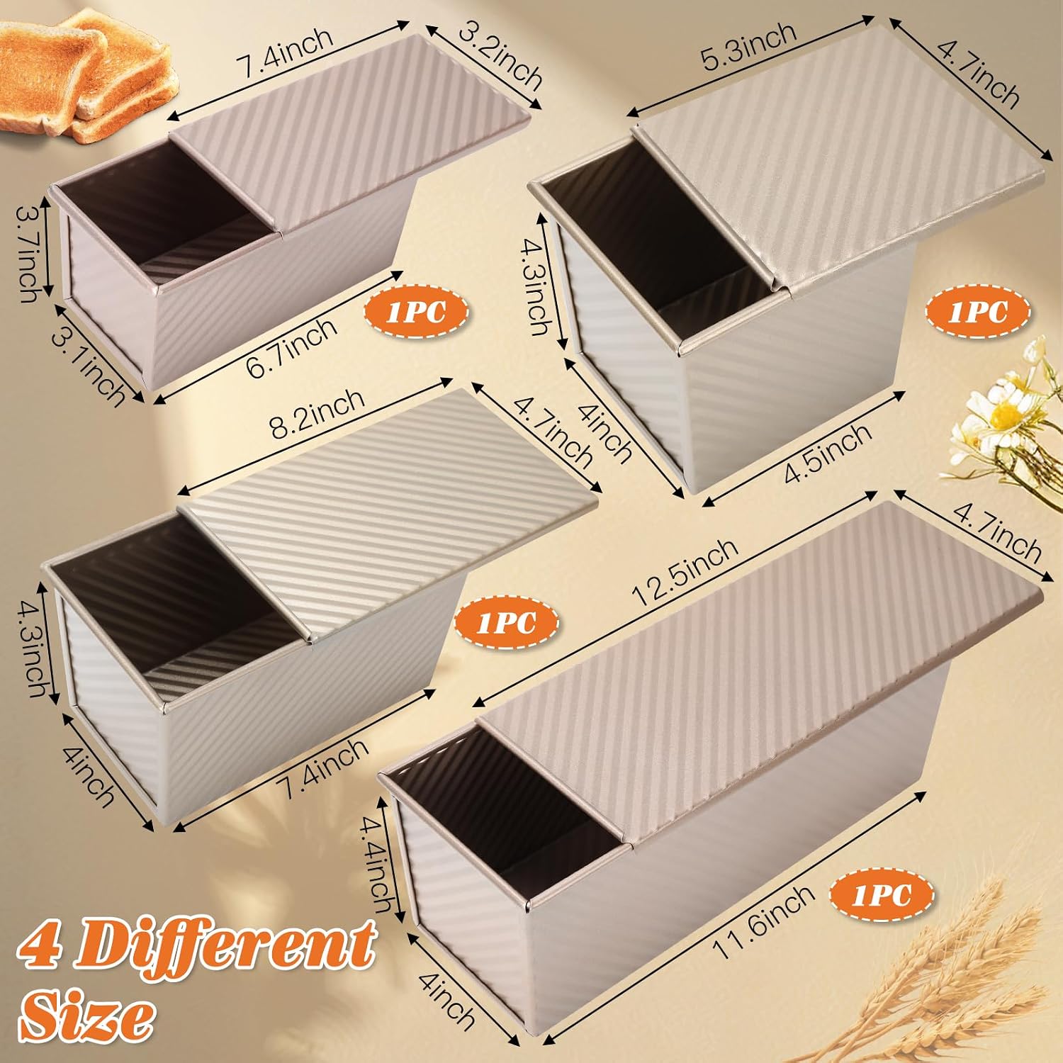 4 Pcs Bread Loaf Pan with Lid, 2.2LB/1LB/0.8LB/0.5LB Dough Capacity Pullman Loaf Pan, Non-Stick Sandwich Bread Loaf Pans, Carbon Steel Bread Pans,Toast Box for Sandwiches, Breads, Sourdough