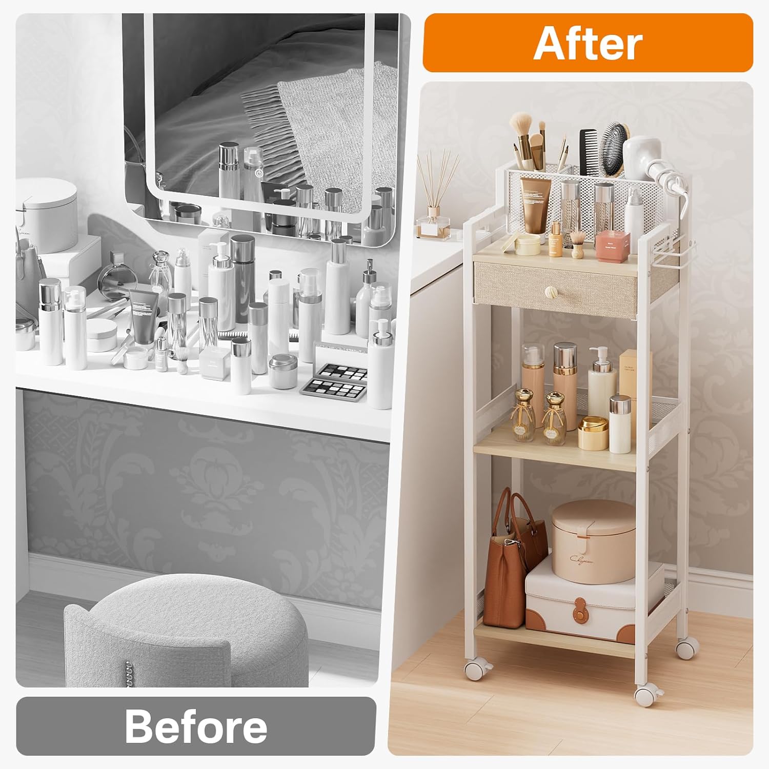 3 Tier Bathroom Shelf with Drawer, 12.8in Large Floor Makeup Organizers Cosmetics Display Cases Holder for Hair Tool, Skincare, Kitchen, Bathroom, Laundry Room Organization